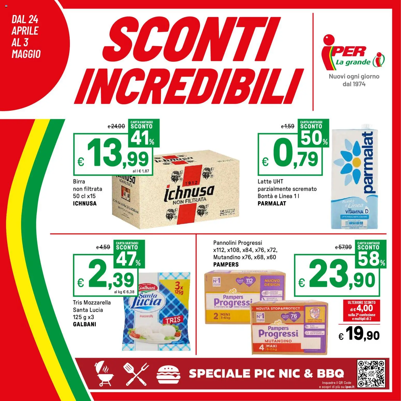Volantino Iper del 24.04.2026 | Pagina: 1 | Prodotti: Pannolini, Mozzarella, Latte, Pampers