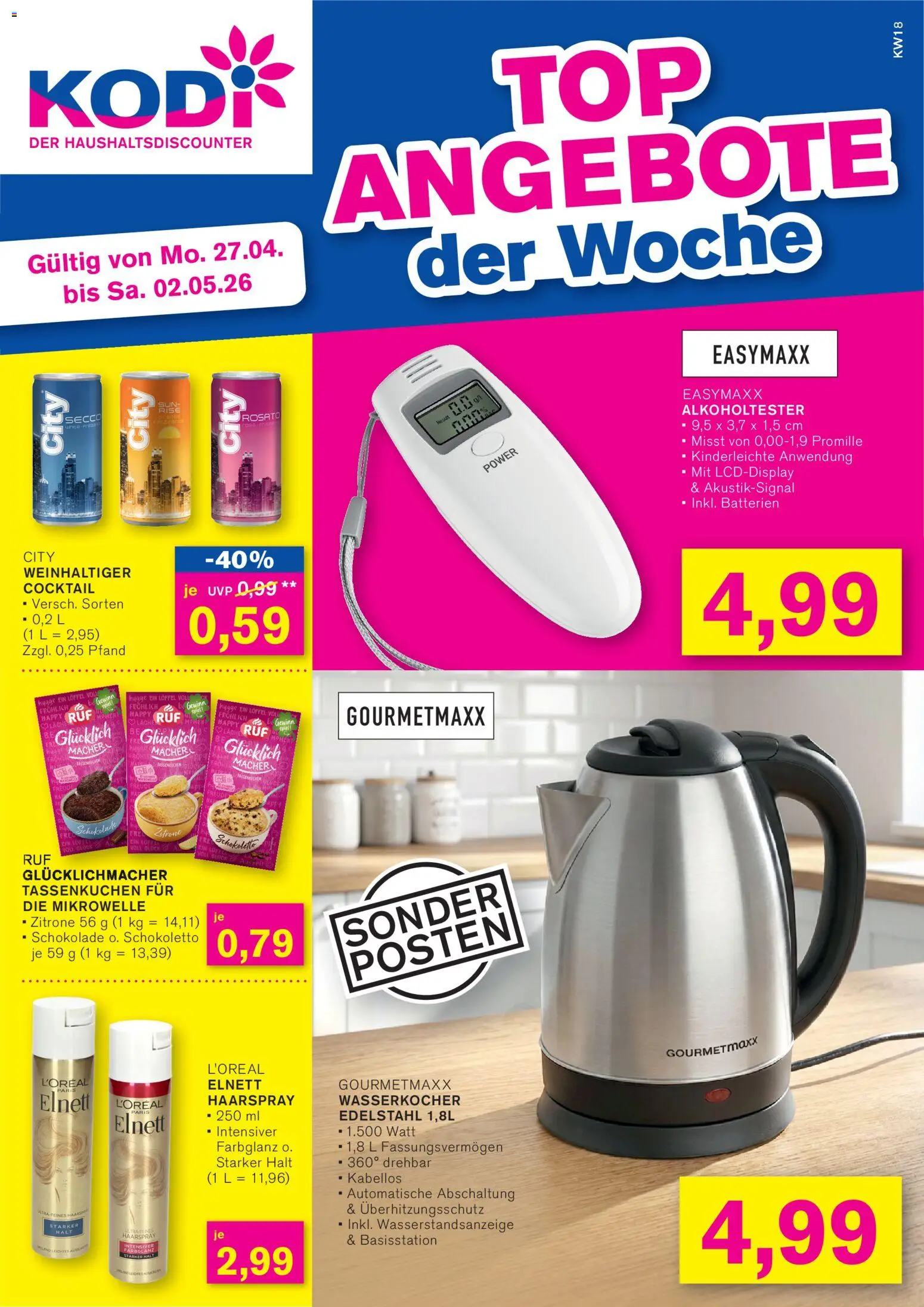 KODi Prospekt 	 – gültig ab 27.04.2026 | Seite: 1 | Produkte: Mikrowelle, Wasserkocher, Batterien, Haarspray
