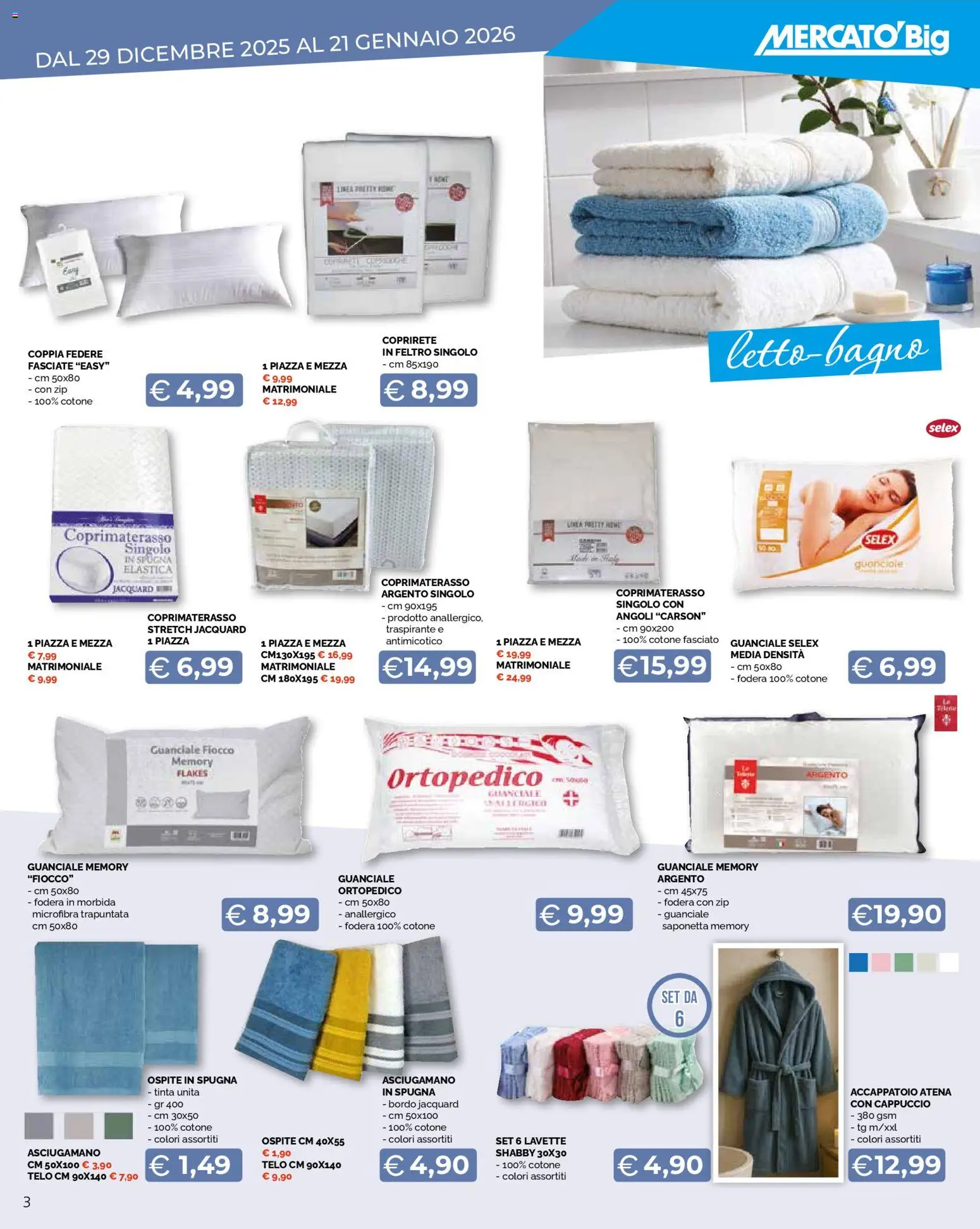 Volantino Mercatò del 29.12.2025 | Pagina: 3 | Prodotti: Saponetta, Accappatoio, Coprimaterasso, Guanciale