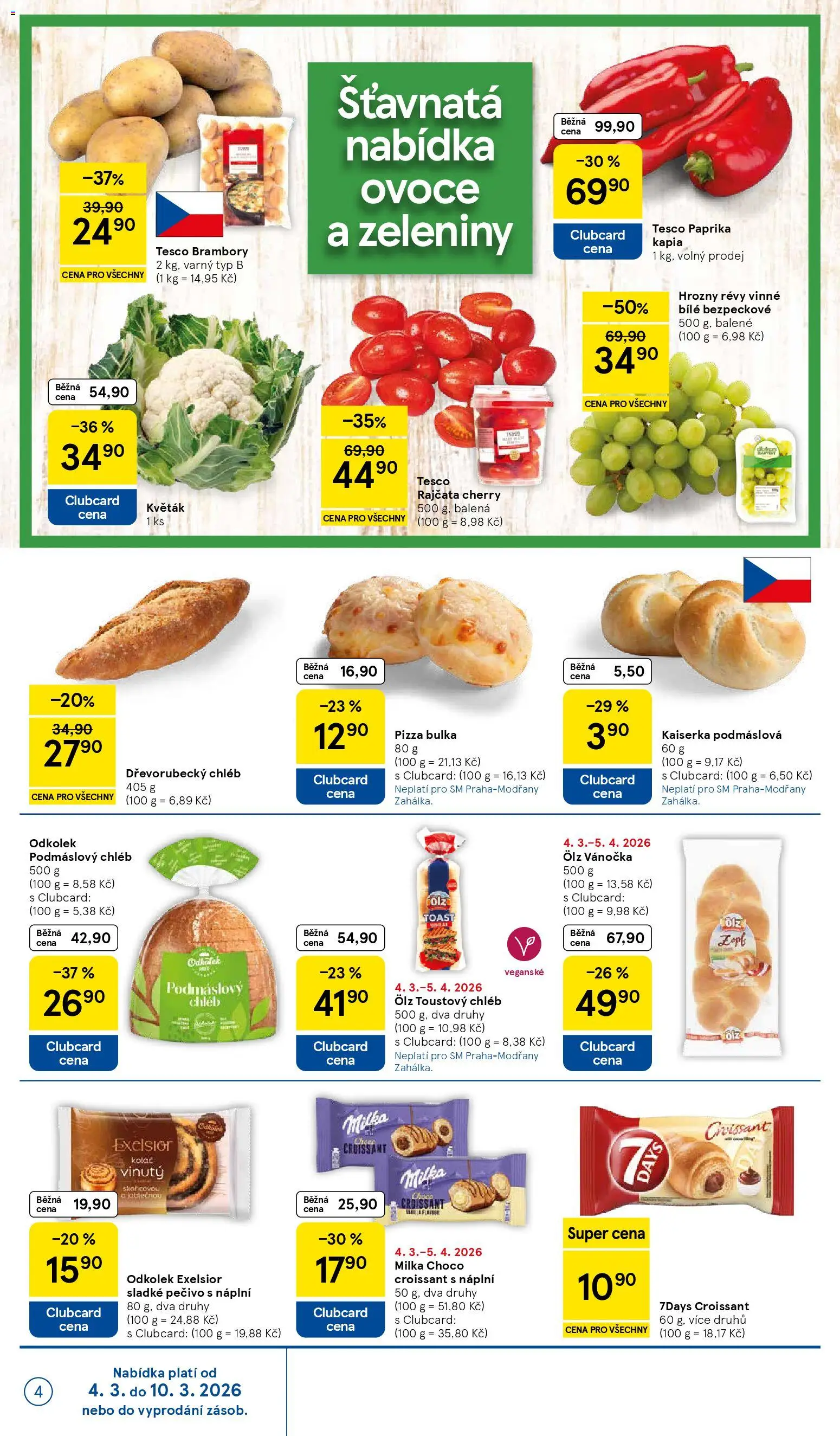 Tesco leták - Supermarket od 04.03.2026 | Strana: 4 | Produkty: Kaiserka, Chléb, Pizza, Croissant