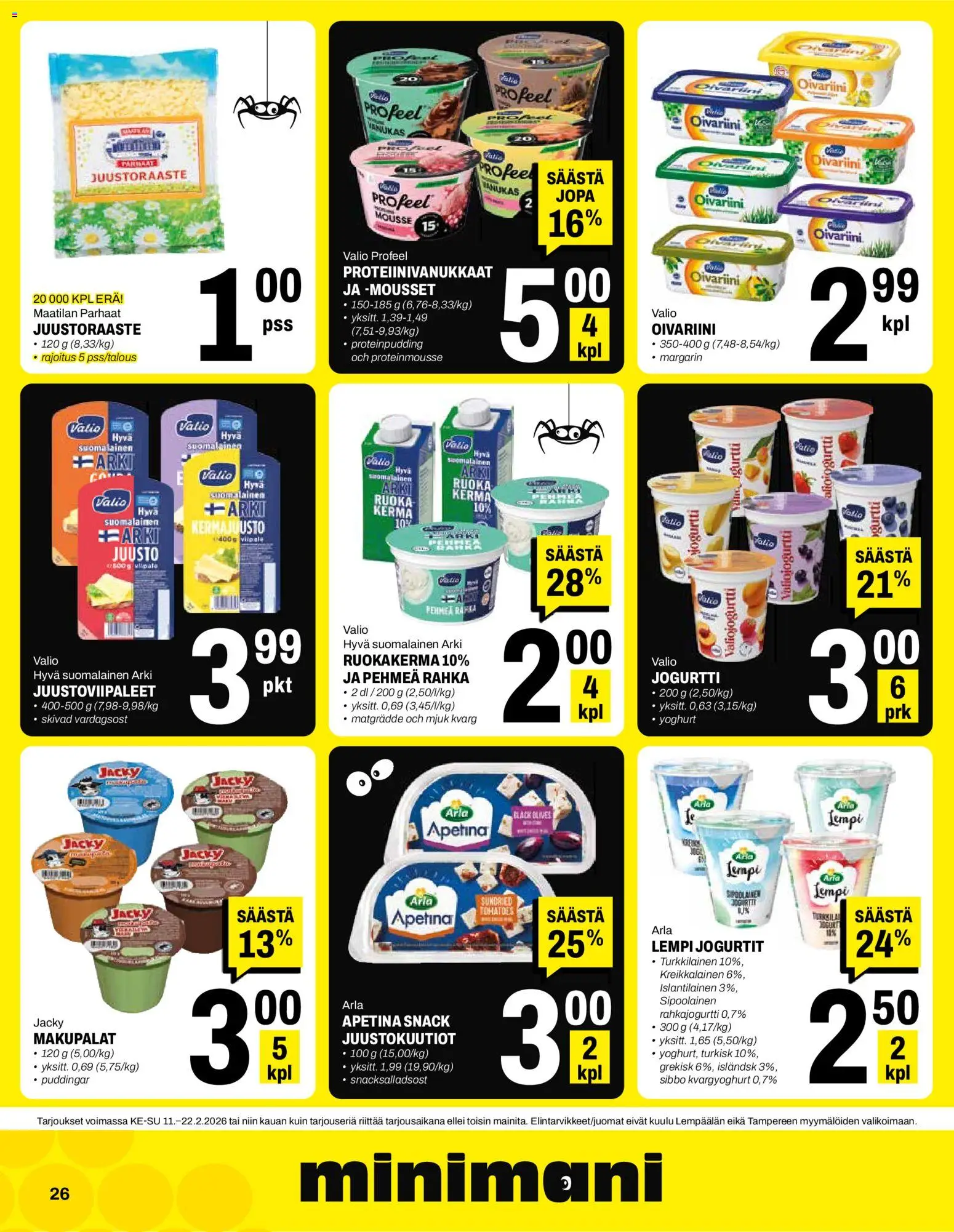 Minimani tarjoukset – voimassa 11.02.2026 alkaen | Sivu: 26 | Tuotteet: Juustoraaste, Mousse, Kermajuusto, Kerma