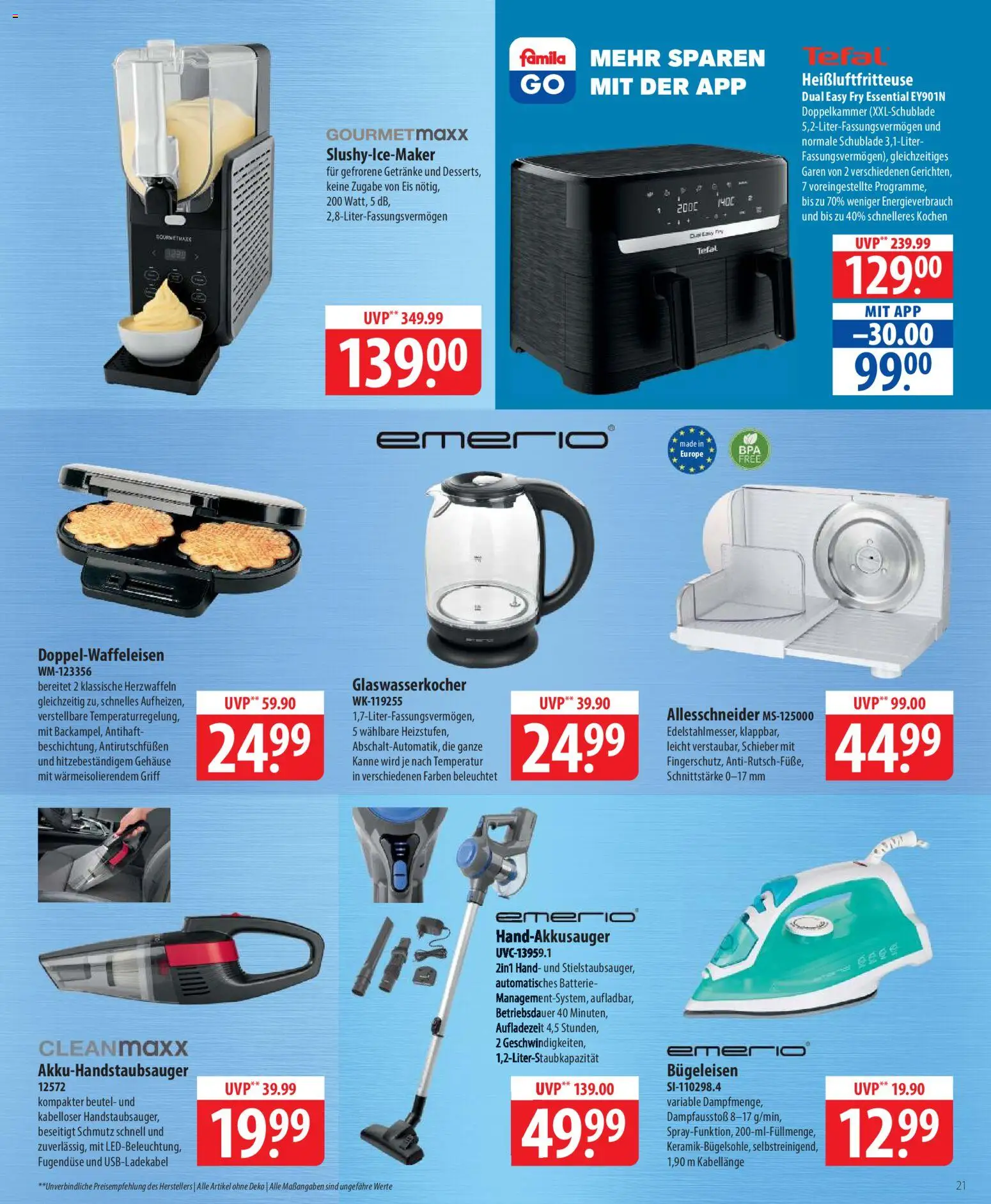 Famila Prospekt 	 – gültig ab 23.03.2026 | Seite: 21 | Produkte: Bügeleisen, Batterie, Heißluftfritteuse, Eis