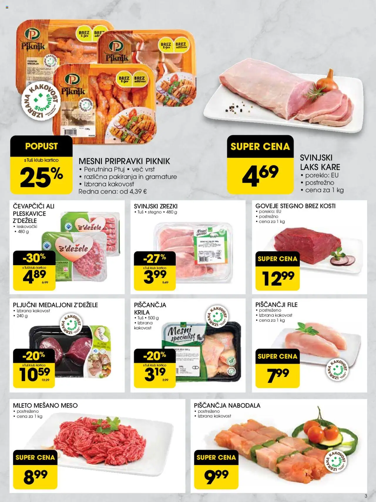Novi Tuš katalog ponudbe – veljaven od 10.09.2025 | Stran: 3 | Izdelki: Čevapčiči, Pleskavice, Nabodala, Zrezki