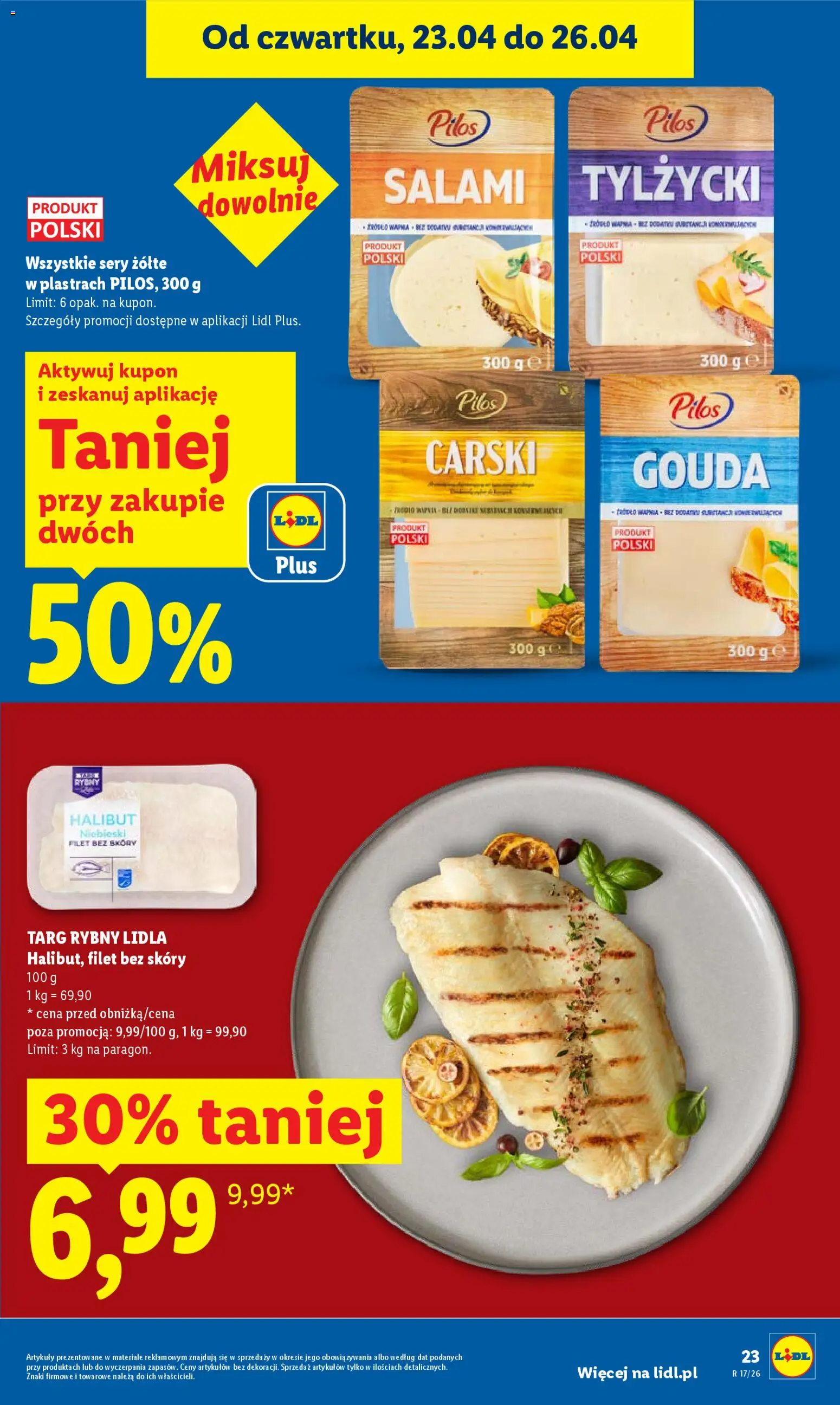 Lidl gazetka od 23.04.2026 | Strona: 23 | Produkty: Halibut, Sery, Ser, Salami
