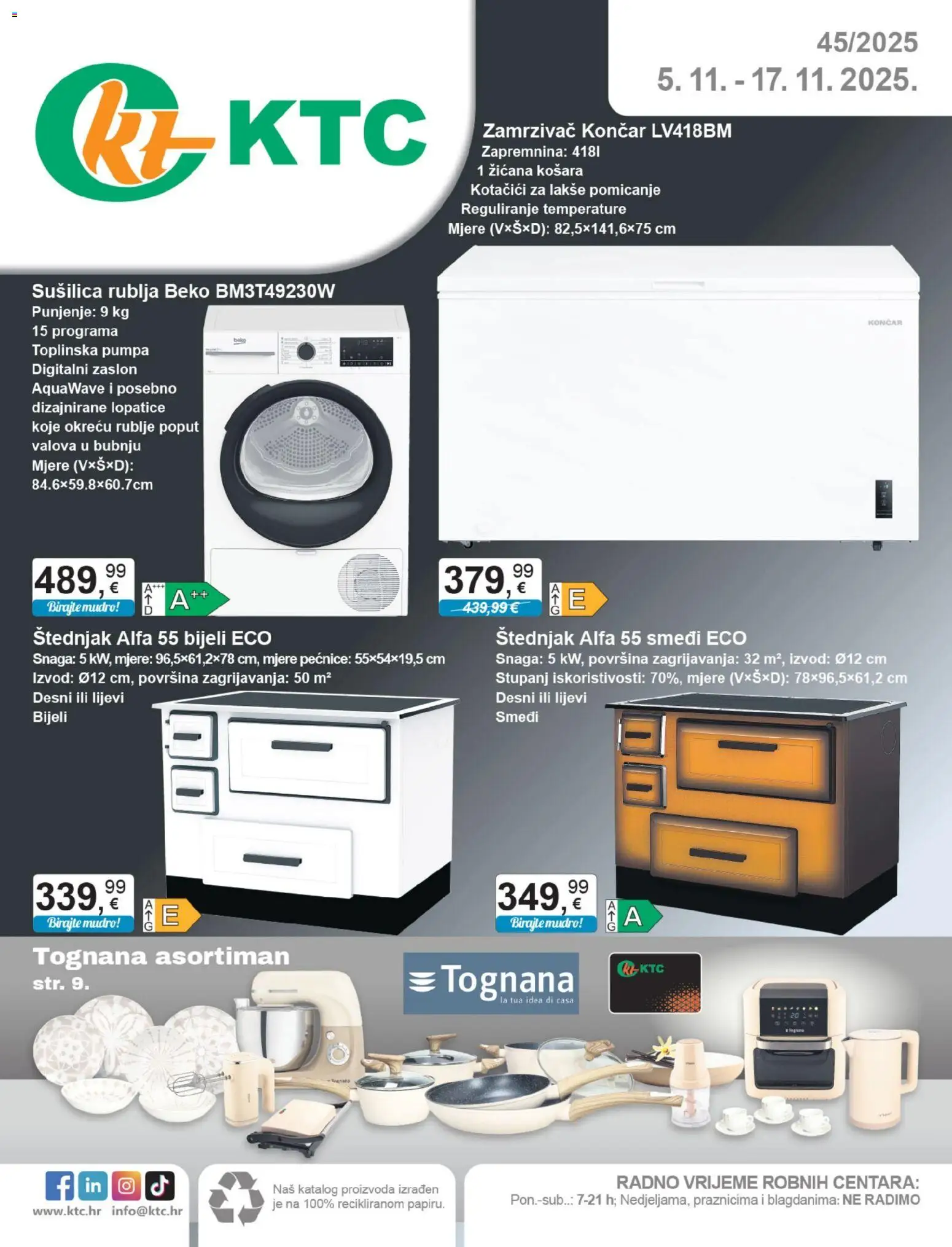 KTC katalog | vrijedi od 05.11.2025 | Stranica: 1 | Proizvodi: Tognana, Košara, Sušilica, Štednjak