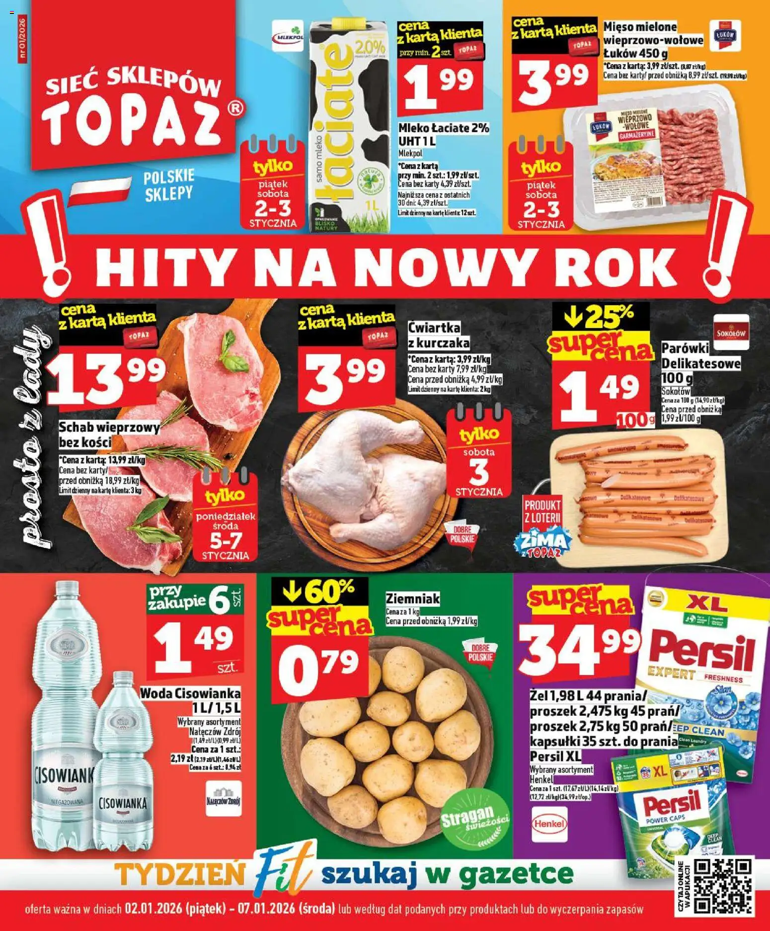 Topaz Gazetka od 02.01.2026 | Strona: 1 | Produkty: Schab, Mięso, Persil, Parówki