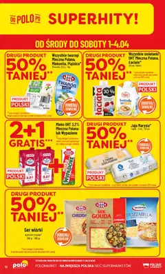 Pogląd oferty "POLOmarket gazetka" - ważna od 01.04.2026 | Strona: 12 | Produkty: Mozzarella wiórki, Ser, Twaróg, Jaja