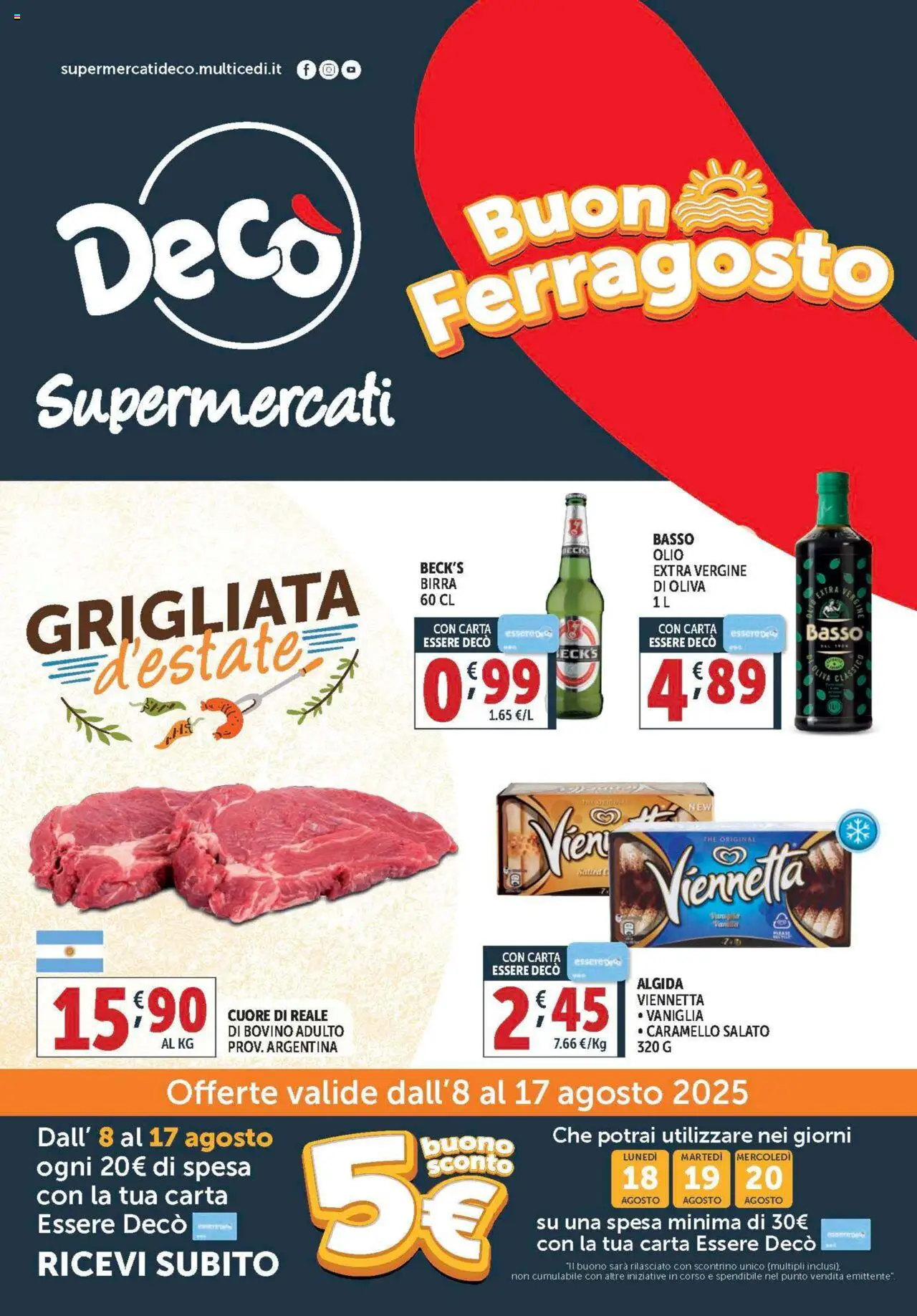 Volantino Decò del 08.08.2025 | Pagina: 1 | Prodotti: Bovino, Birra, Olio, The