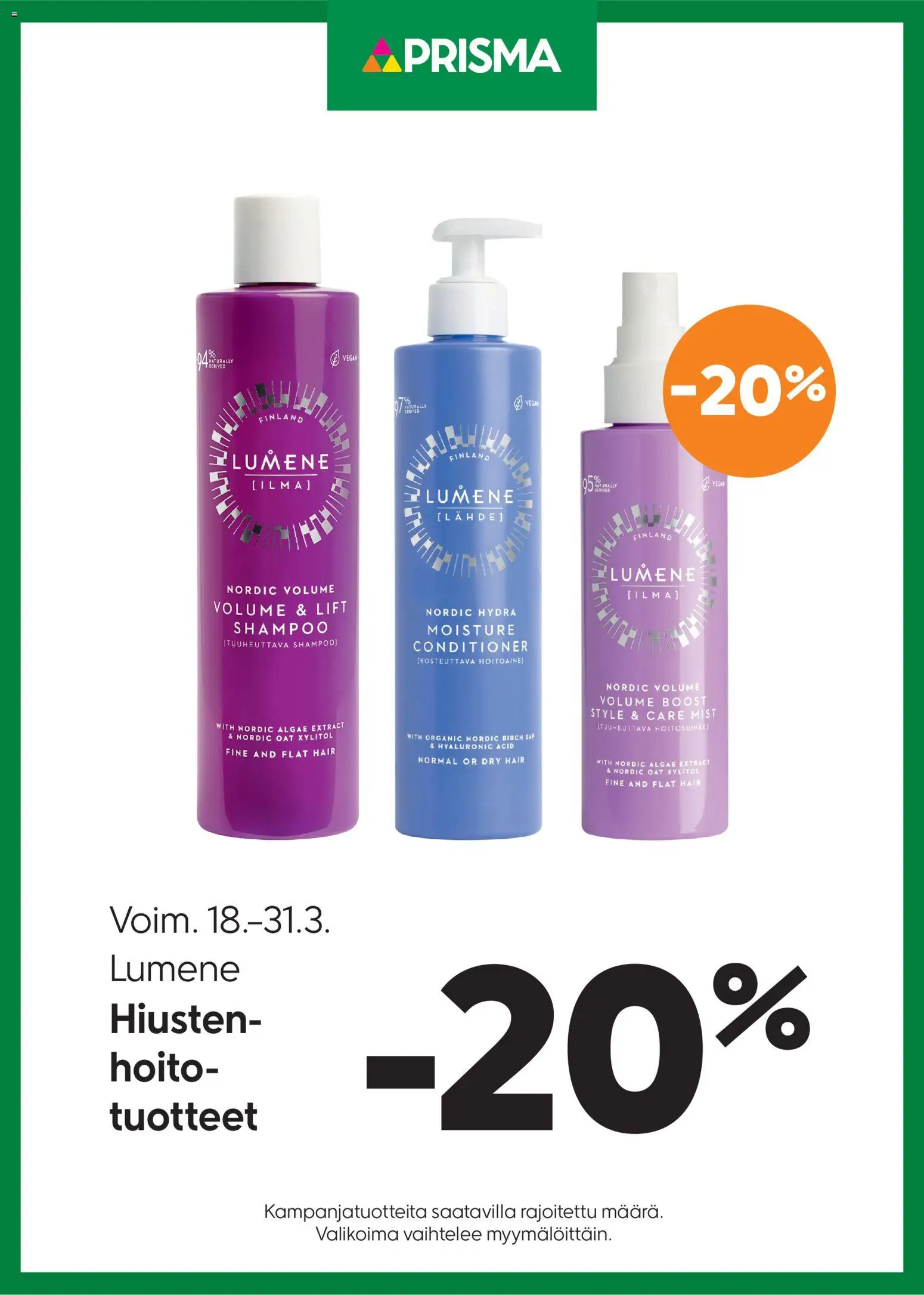 Prisma tarjoukset Lumene – voimassa 18.03.2026 alkaen | Sivu: 1 | Tuotteet: Shampoo, Hoitoaine