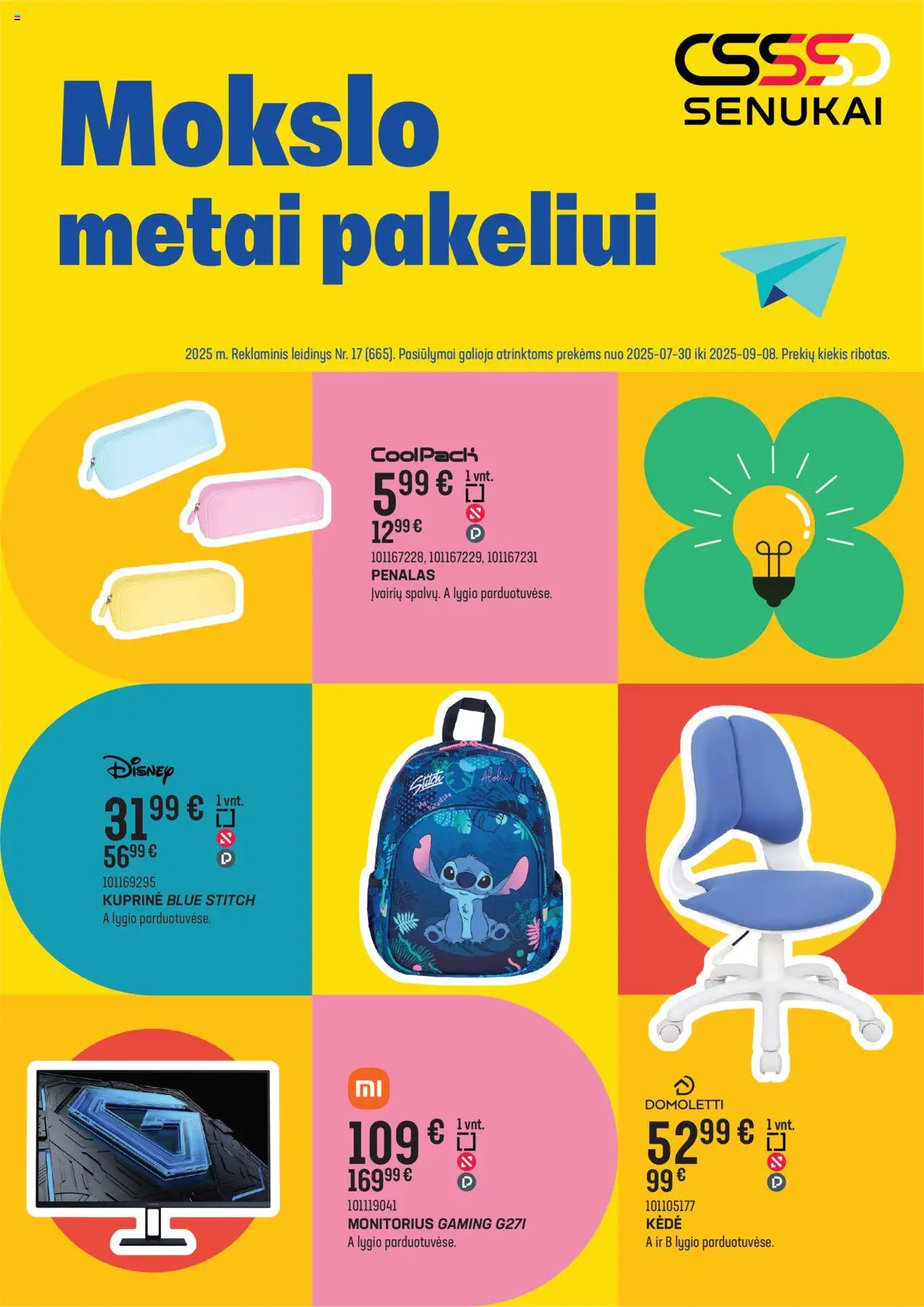 Senukai - Leidinys - Mokslo metai pakeliui│galioja nuo 30.07.2025 | Puslapis: 1 | Prekių: Monitorius, Kėdė, Kuprinė