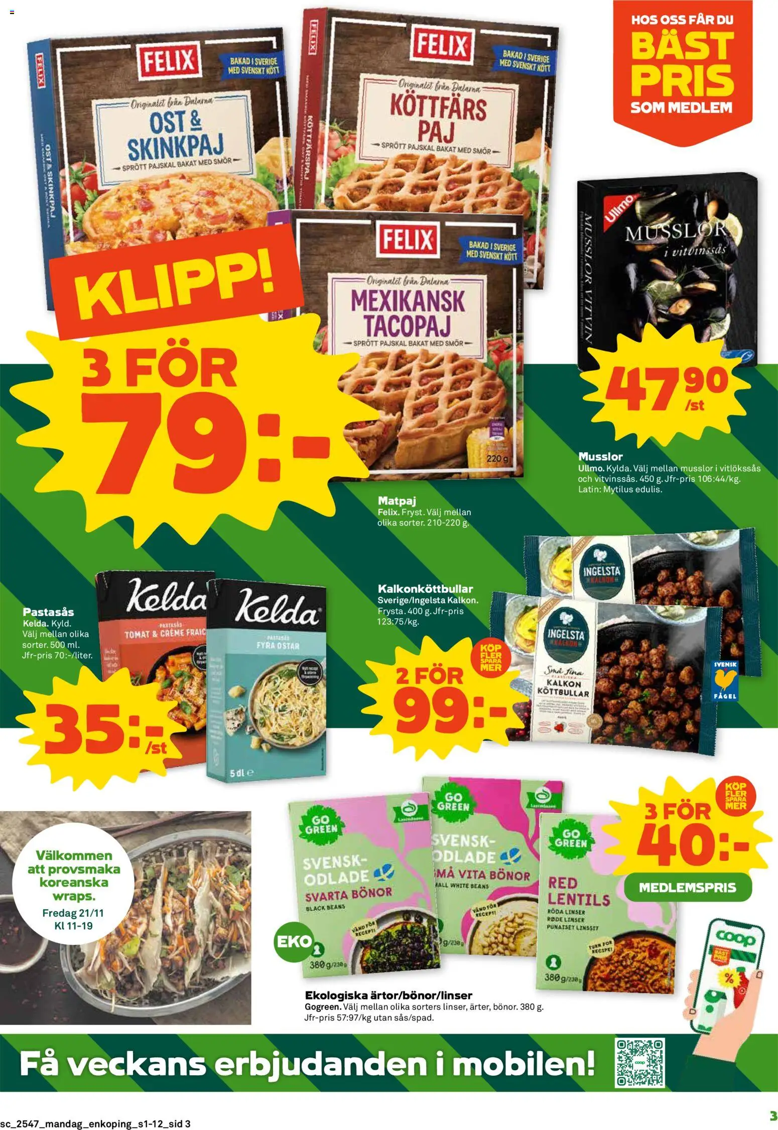 Stora Coop reklamblad aktuell från 17.11.2025 | Sida: 3 | Produkter: Linser, Röda linser, Ost, Kalkon