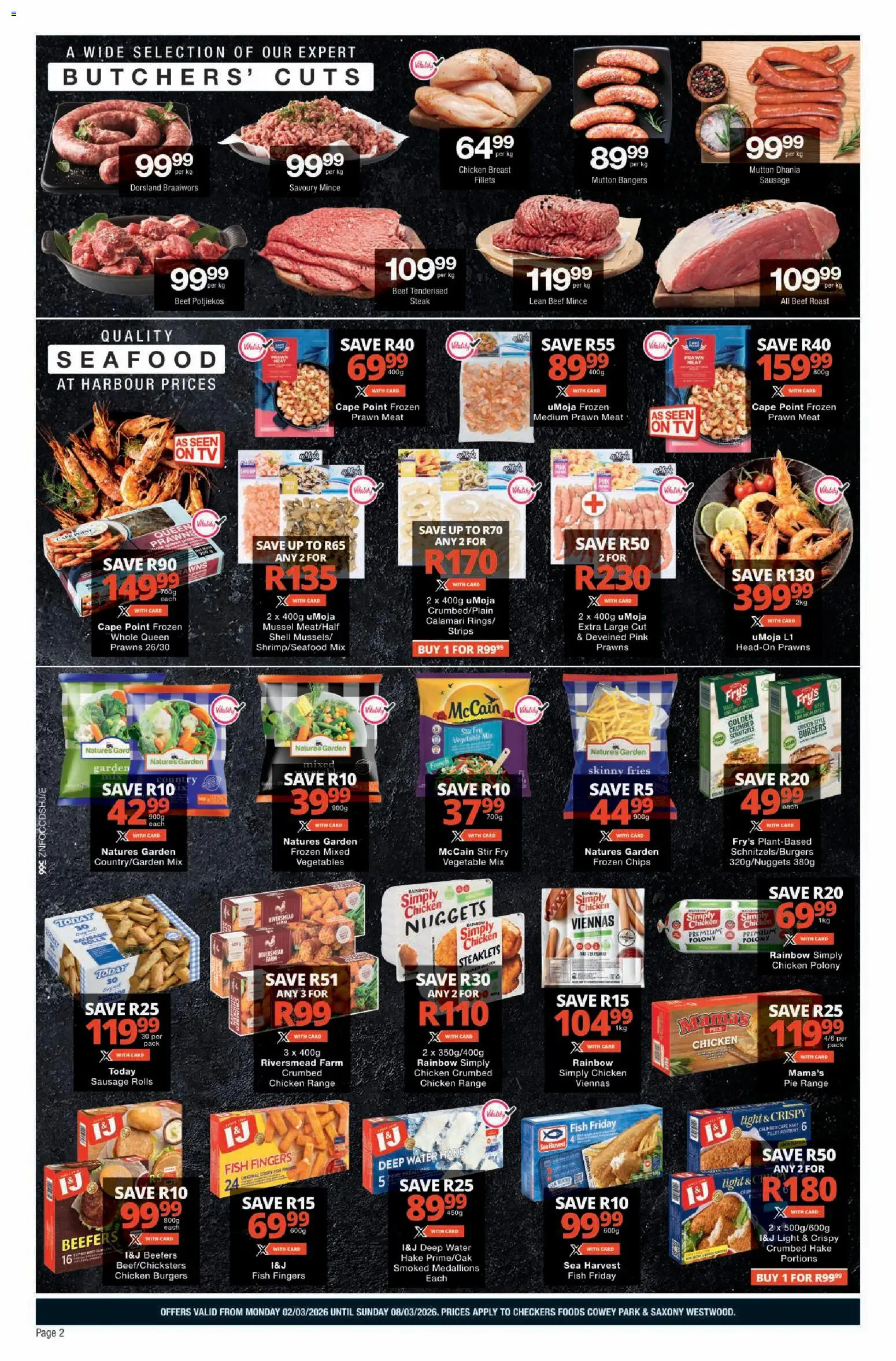 New Checkers catalogue – valid from 02.03.2026 | Page: 2 | Products: Fish, Water, Vegetables, Sausage