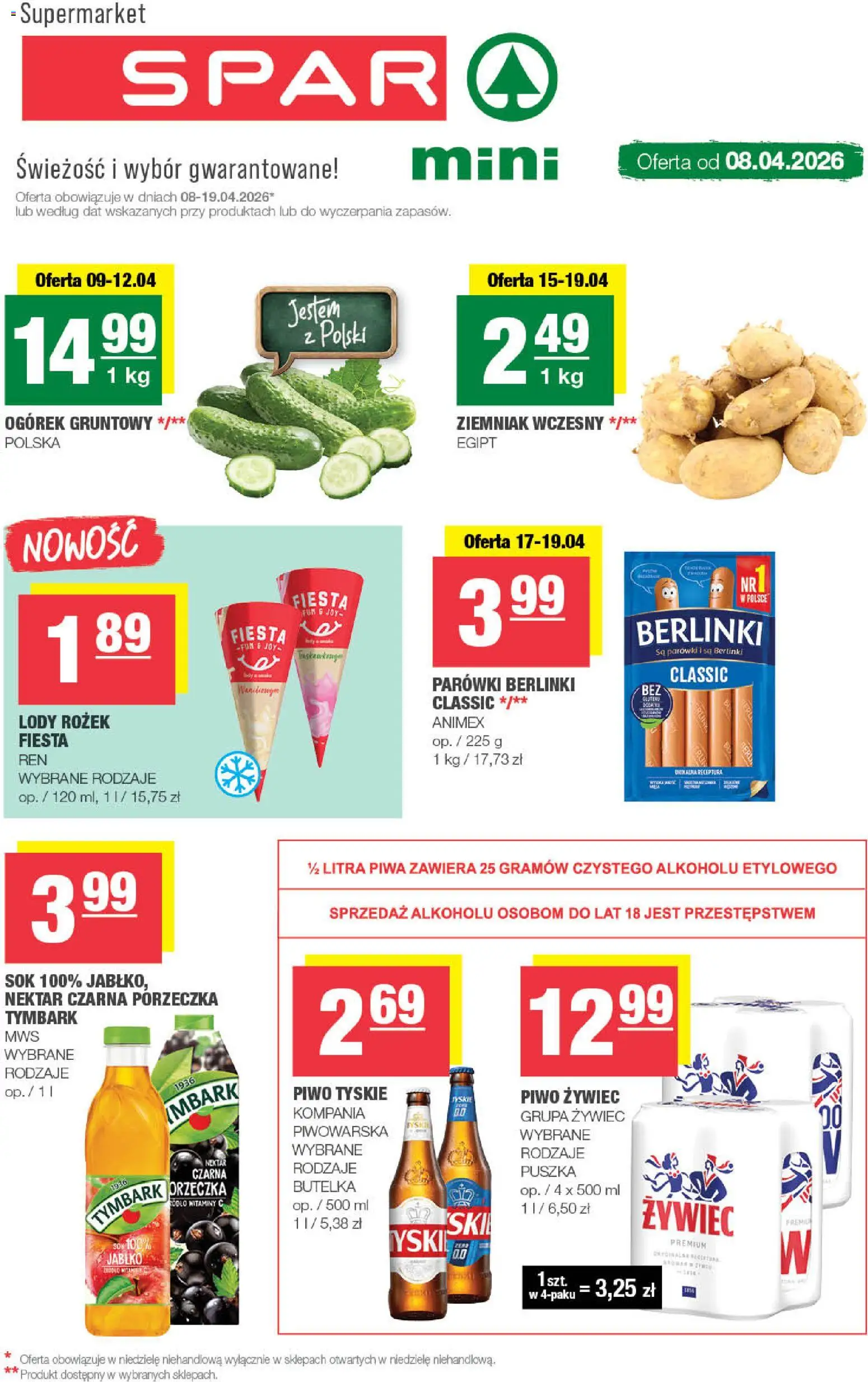Spar gazetka - Mini od 08.04.2026 | Strona: 1 | Produkty: Parówki berlinki, Parówki, Tyskie, Lody