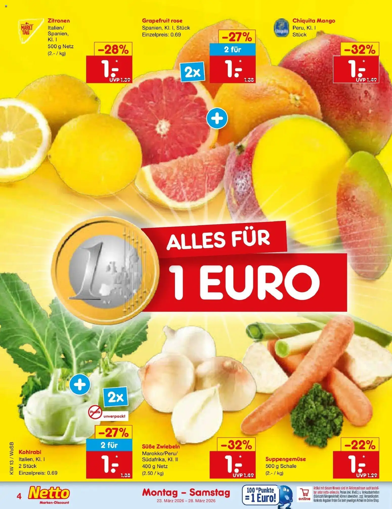 Netto Marken-Discount Prospekt Lahnau	 – gültig ab 23.03.2026 | Seite: 4 | Produkte: Grapefruit, Zwiebeln, Mango, Zitronen