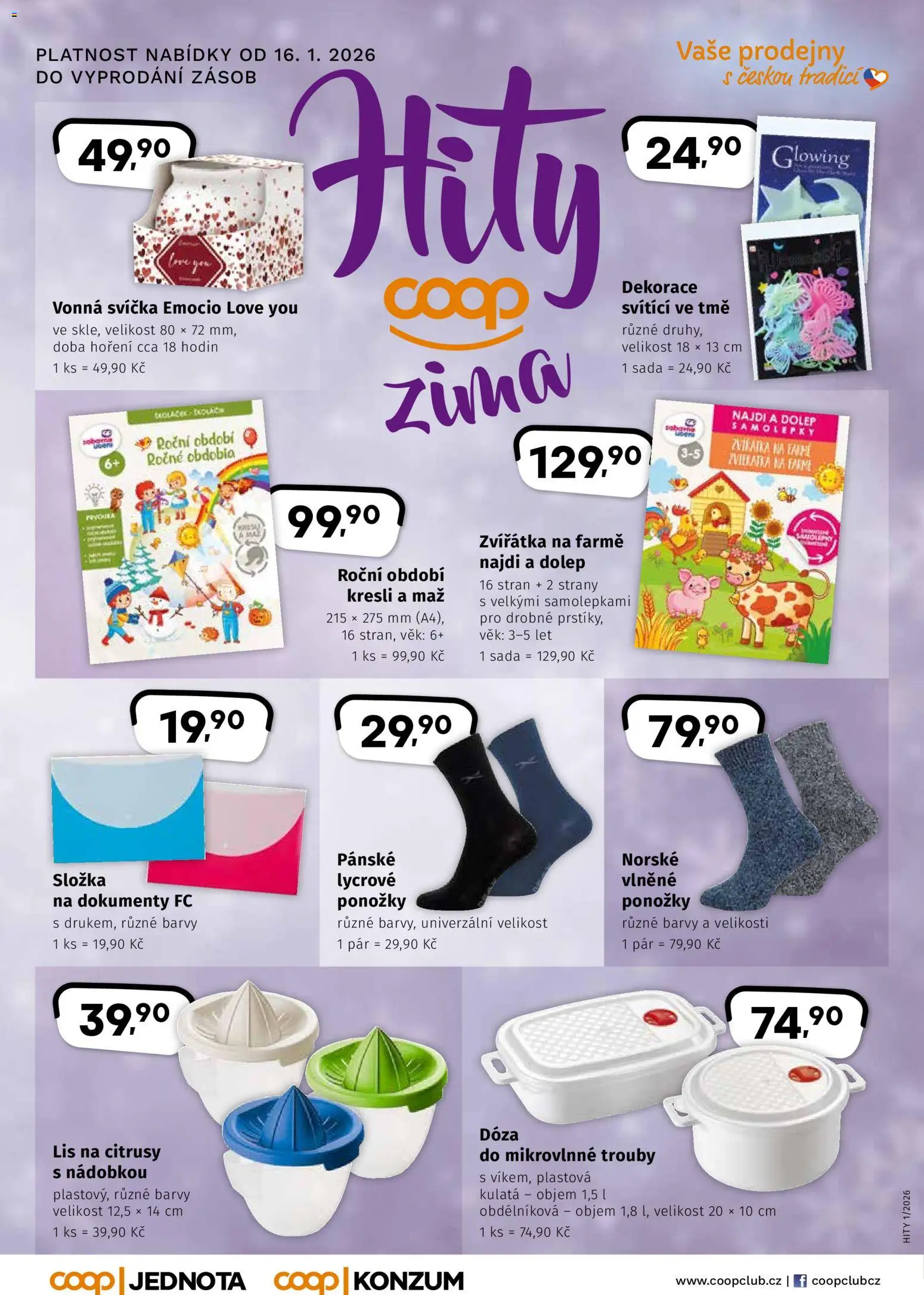 Coop leták - Hity od 16.01.2026 | Strana: 1 | Produkty: Dóza, Svíčka, Lis, Barvy