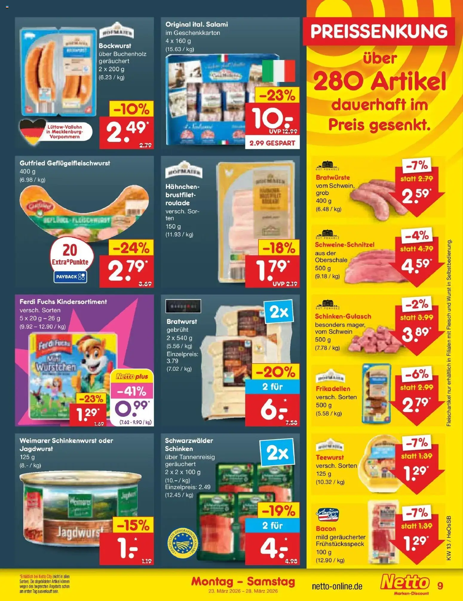 Netto Marken-Discount Prospekt Kröpelin	 – gültig ab 23.03.2026 | Seite: 9 | Produkte: Bockwurst, Salami, Schinken, Fleisch