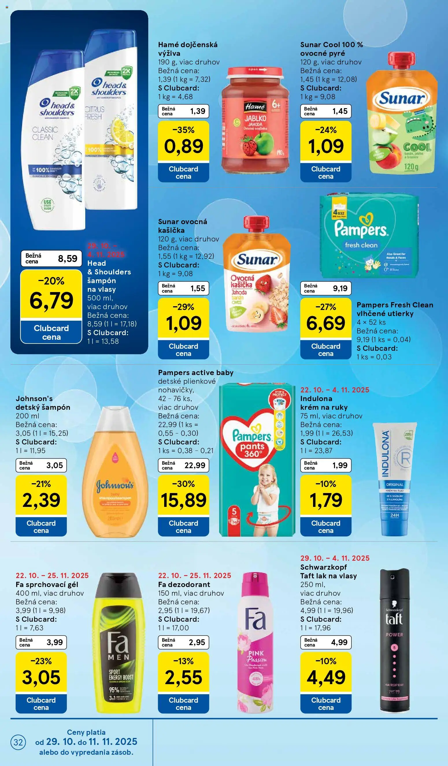 Nové Tesco akcie – leták je platný od 29.10.2025 | Strana: 32 | Produkty: Lak na vlasy, Sunar, Dezodorant, Head & Shoulders