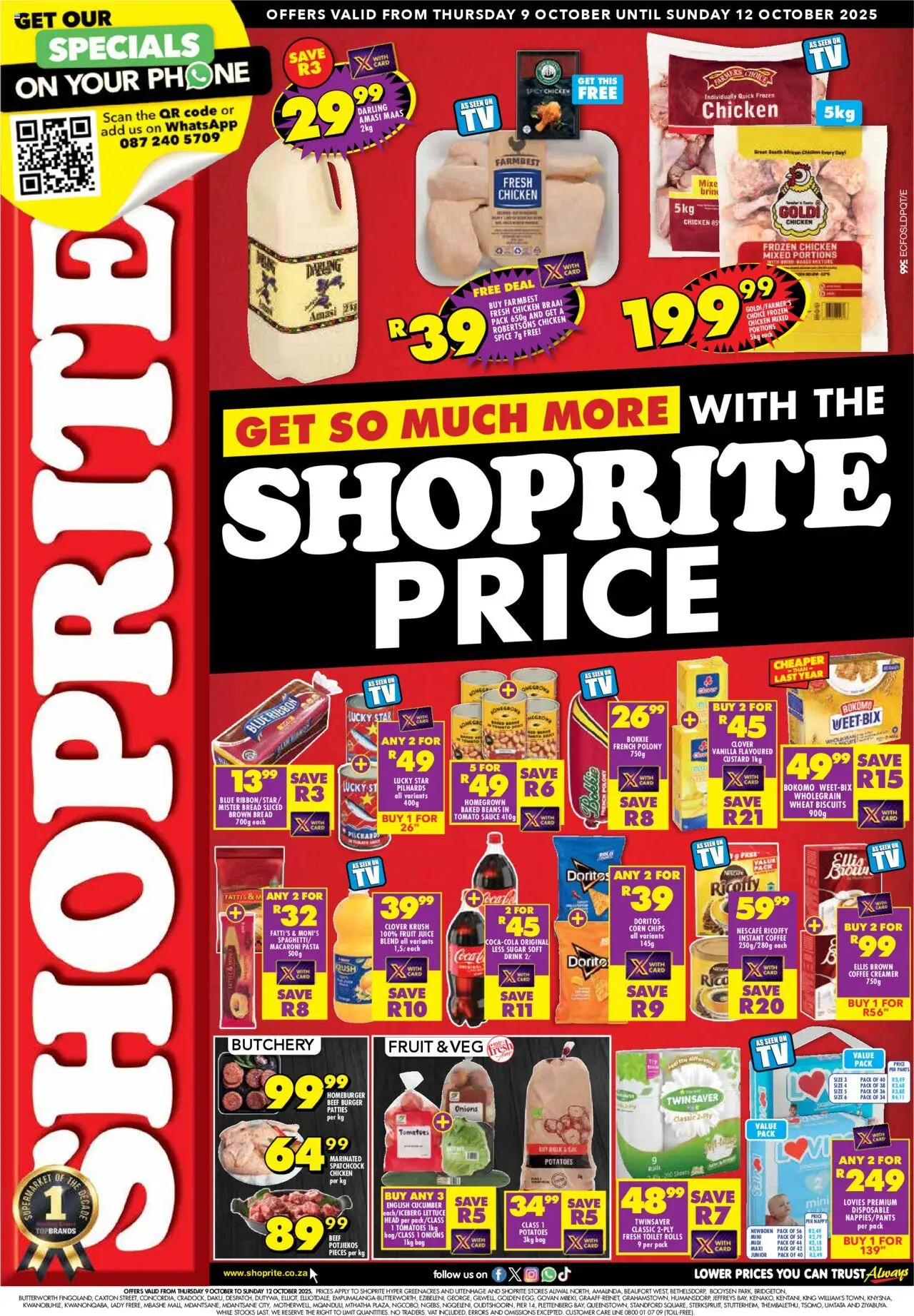 New Shoprite catalogue – valid from 09.10.2025 | Page: 1 | Products: Baked beans, Toilet, Biscuits, Lettuce