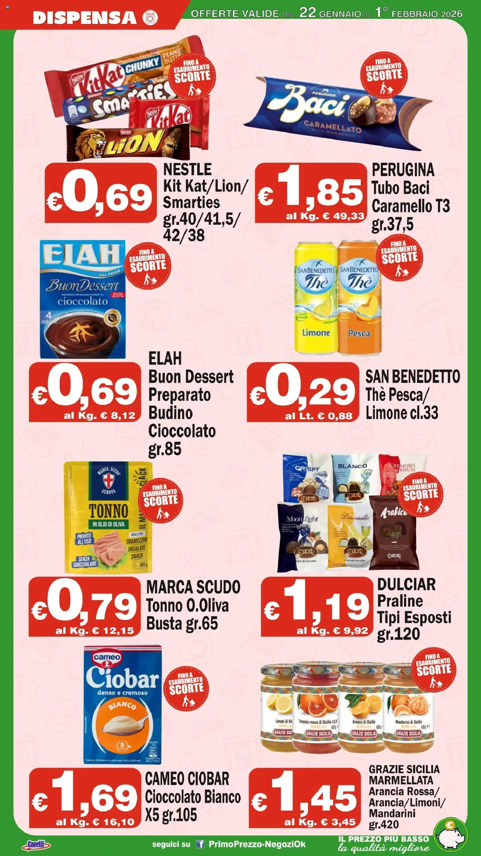 Volantino Primo Prezzo del 22.01.2026 | Pagina: 16 | Prodotti: Cioccolato, Arance, Tubo, Tonno