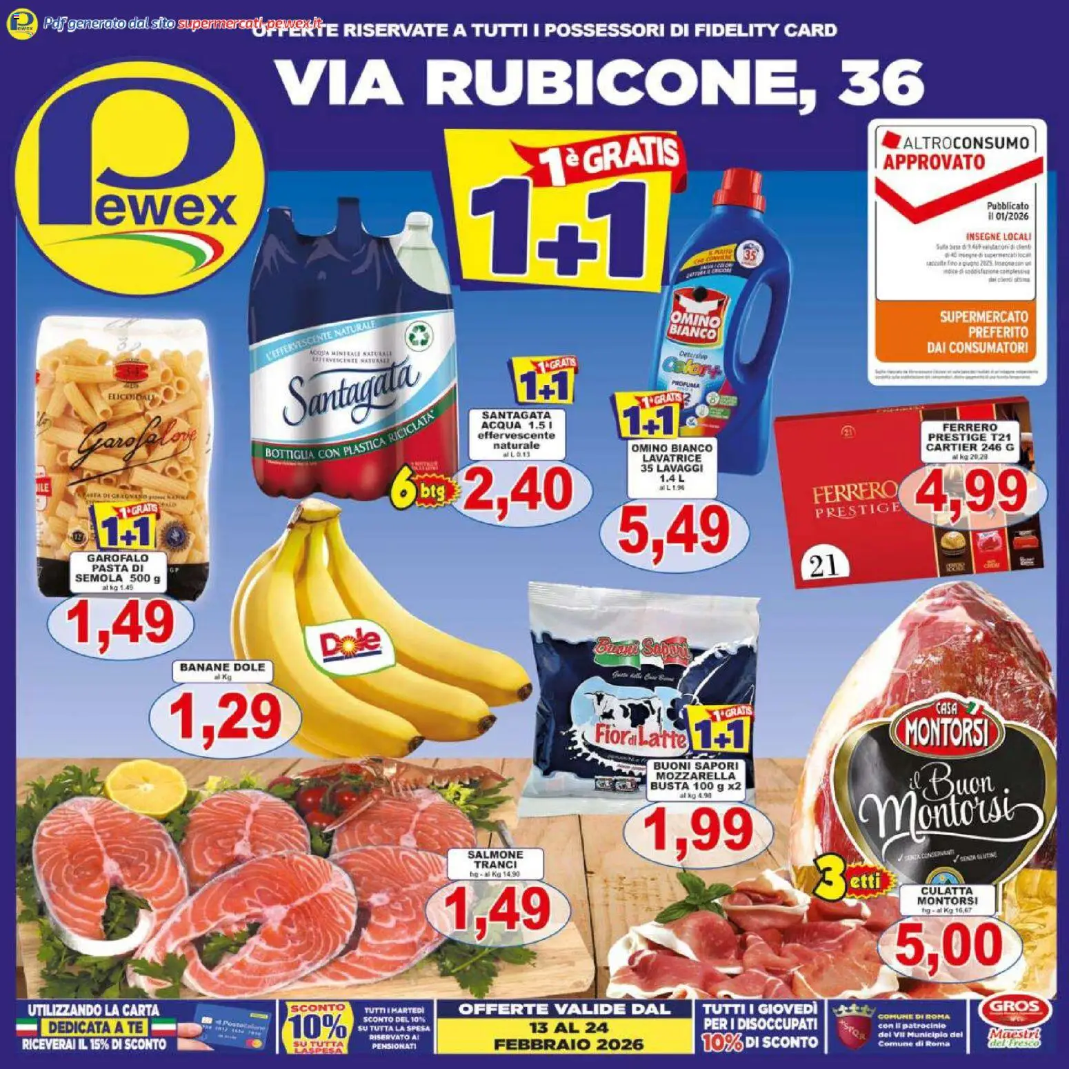 Volantino Pewex del 13.02.2026 | Pagina: 1 | Prodotti: Tè, Mozzarella, Latte, Acqua minerale
