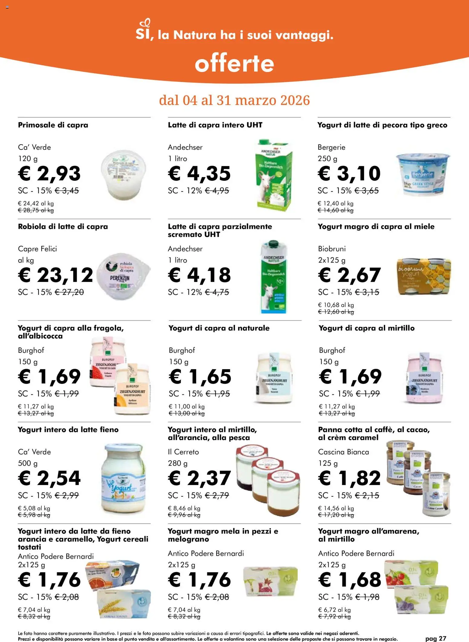 Volantino Natura Sì del 04.03.2026 | Pagina: 27 | Prodotti: Yogurt, Latte, Pesca, Robiola