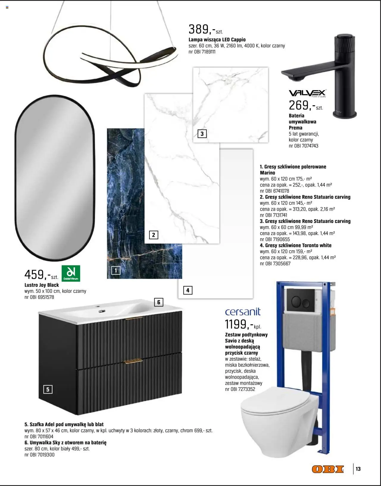 OBI Gazetka - Kuchnia Łazienka Salon od 20.08.2025 | Strona: 13 | Produkty: Umywalka, Bateria, Lustro, Lampa