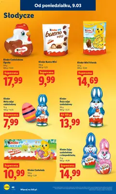 Pogląd oferty "Lidl gazetka" - ważna od 09.03.2026 | Strona: 46 | Produkty: Słodycze, Czekoladowa, Kinder Bueno, Czekolada