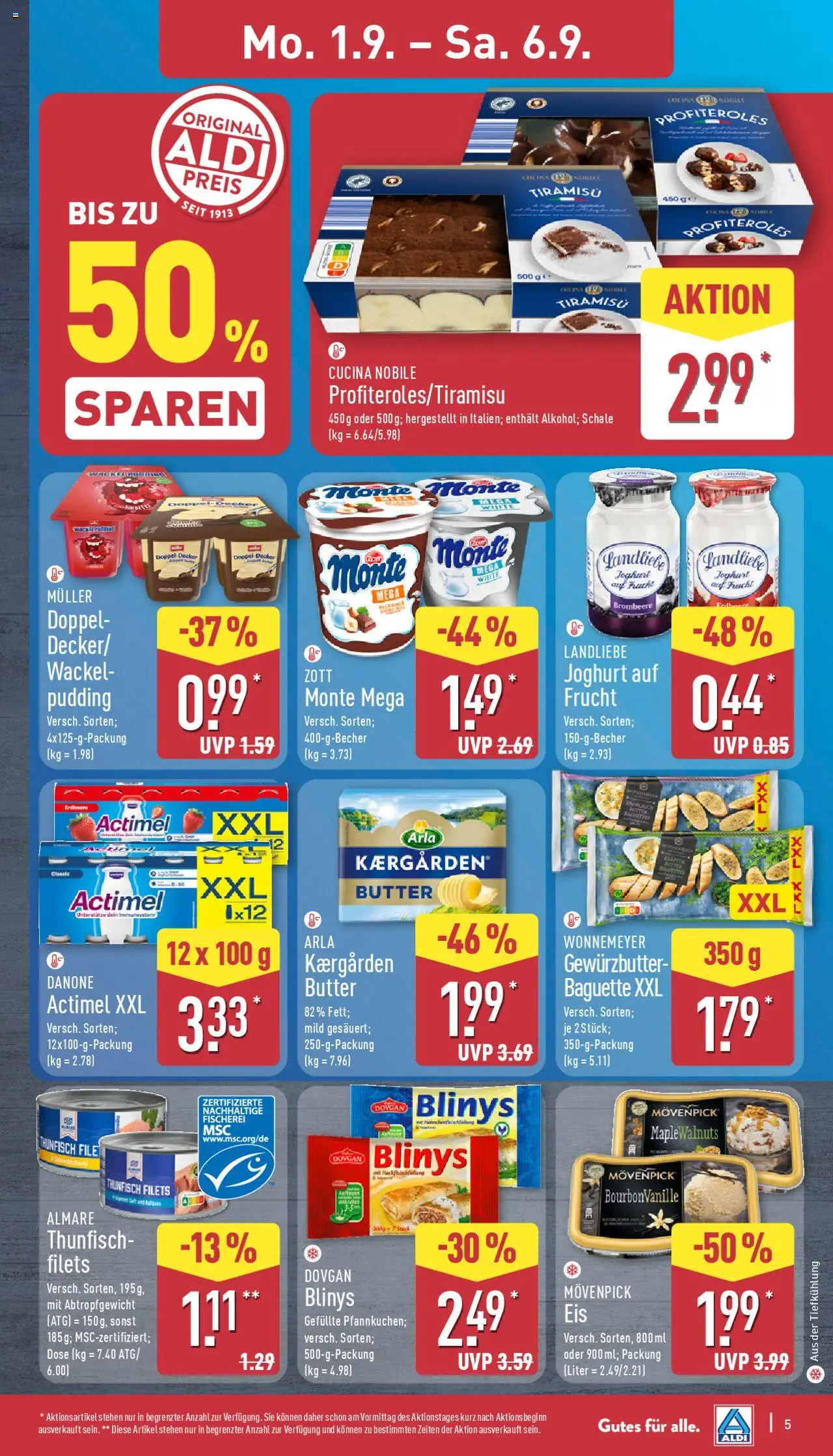 Aldi Prospekt 	 - gültig ab dem 01.09.2025 | Seite: 5 | Produkte: Butter, Thunfisch, Baguette, Pudding