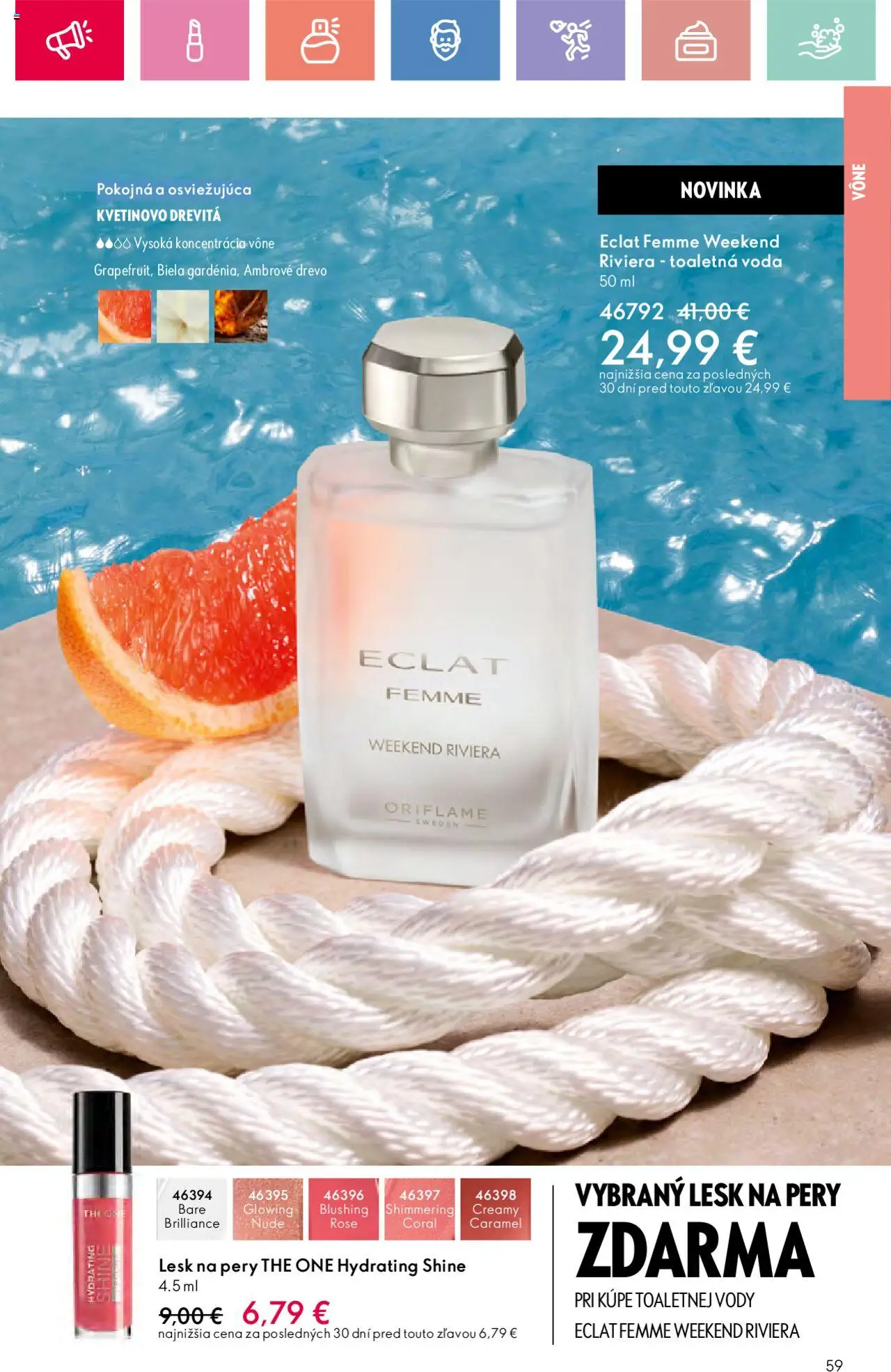 Katalóg Oriflame 10 2025 │ platný od 06.07.2025 | Strana: 59 | Produkty: Toaletná voda, Lesk na pery, Voda