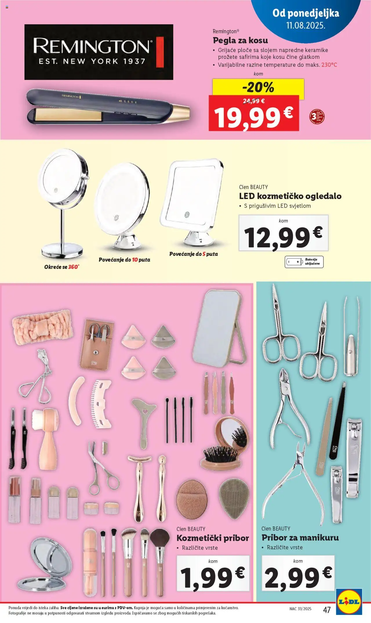 Lidl katalog | vrijedi od 11.08.2025 | Stranica: 47 | Proizvodi: Pegla, Pegla za kosu, Ogledalo, Baterije