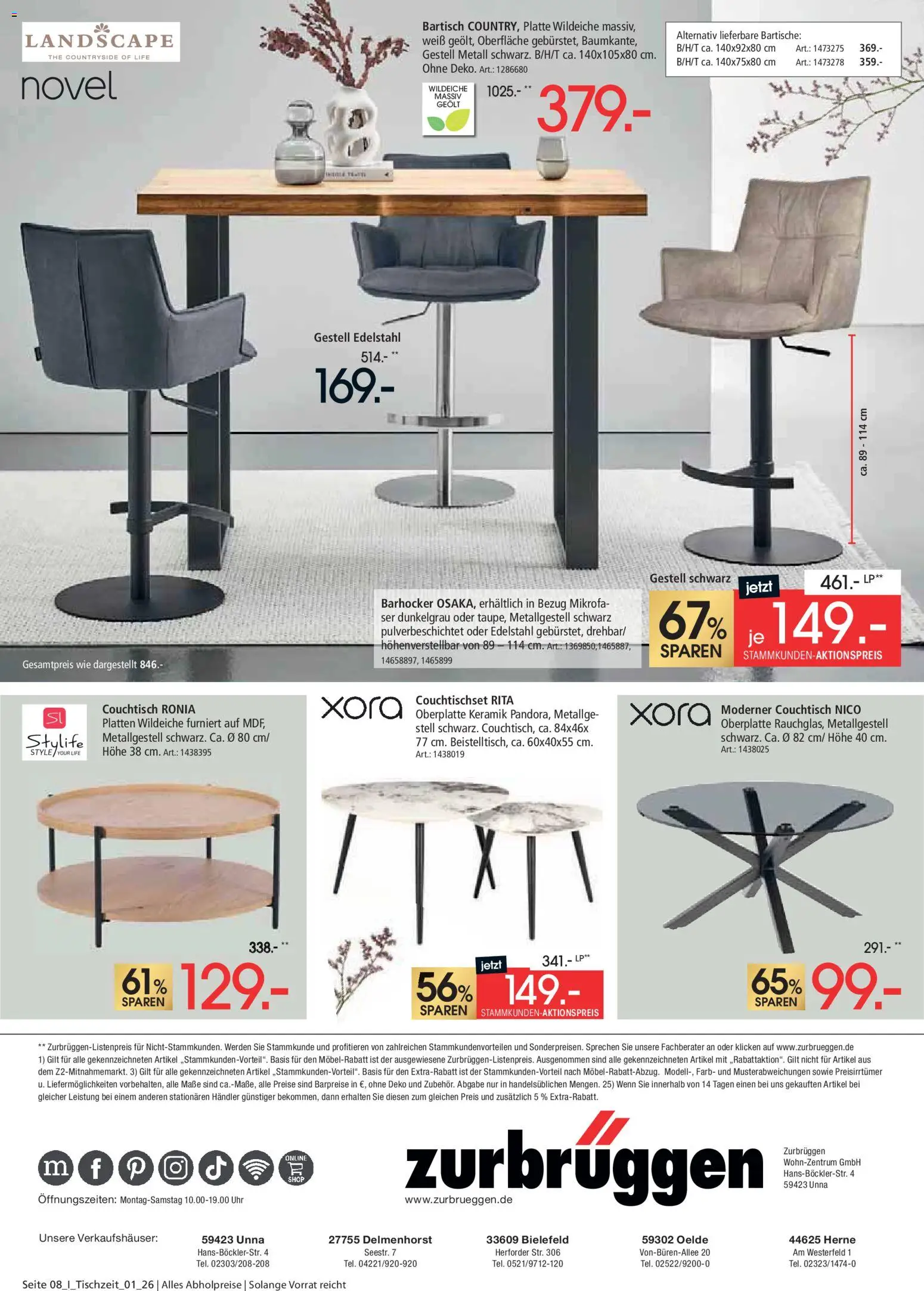 Zurbrüggen Tischzeit – gültig ab 02.03.2026 | Seite: 8 | Produkte: Bartisch, Barhocker, Couchtisch, Uhr