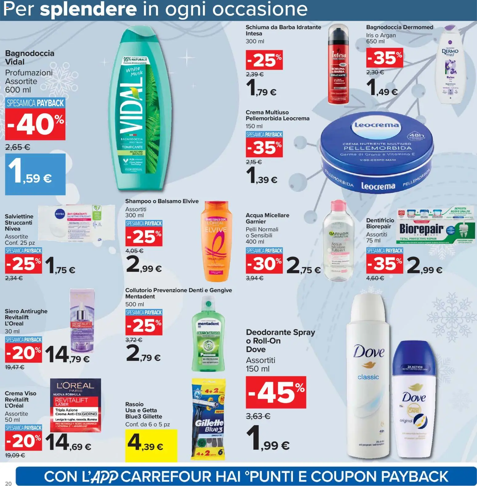 Volantino Carrefour del 13.03.2026 | Pagina: 20 | Prodotti: Acqua micellare, Schiuma da barba, Rasoio, Acqua
