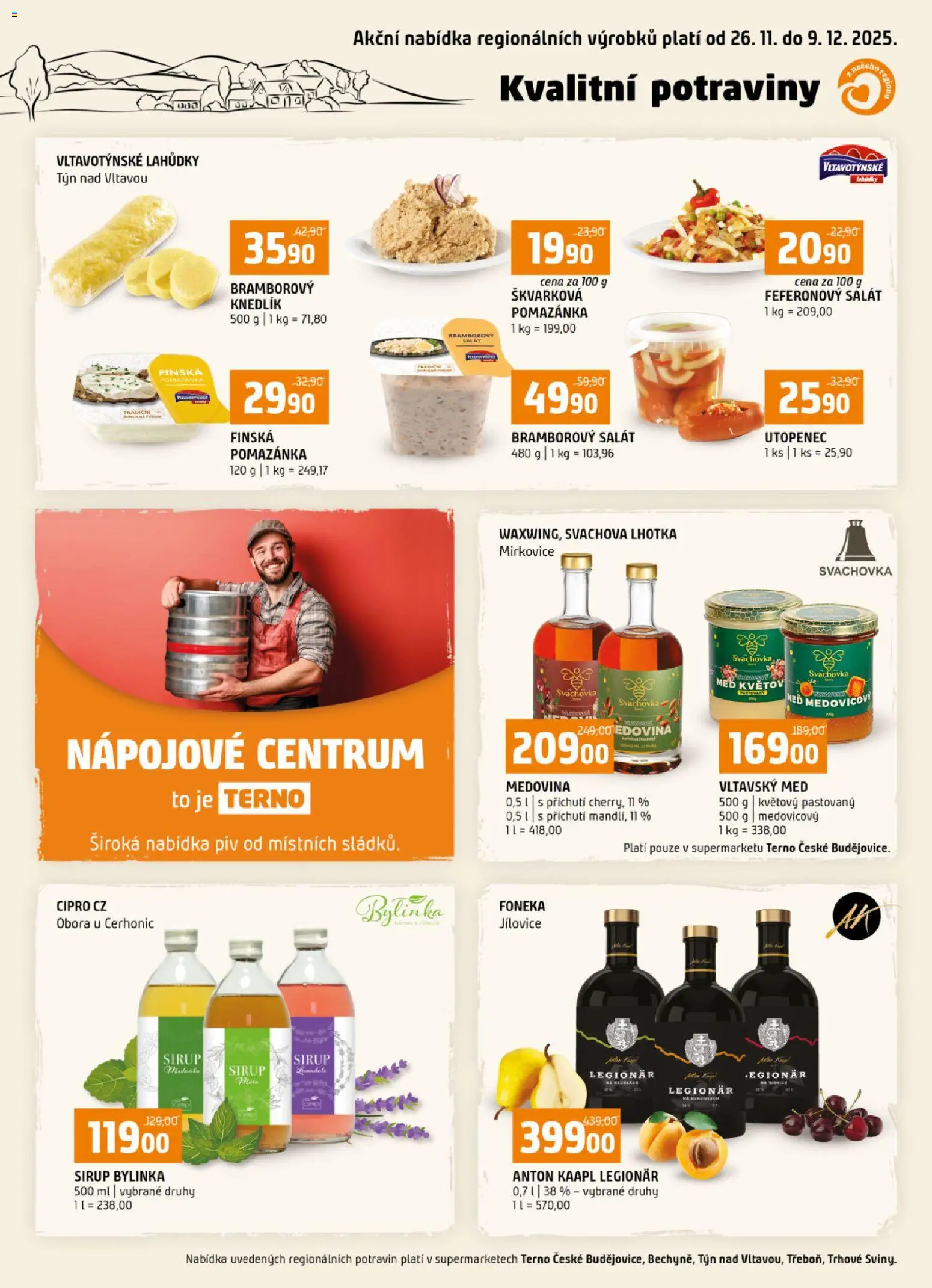 Terno leták - Kvalitní potraviny z našeho regionu od 26.11.2025 | Strana: 1 | Produkty: Bramborový salát, Medovina, Med, Salát