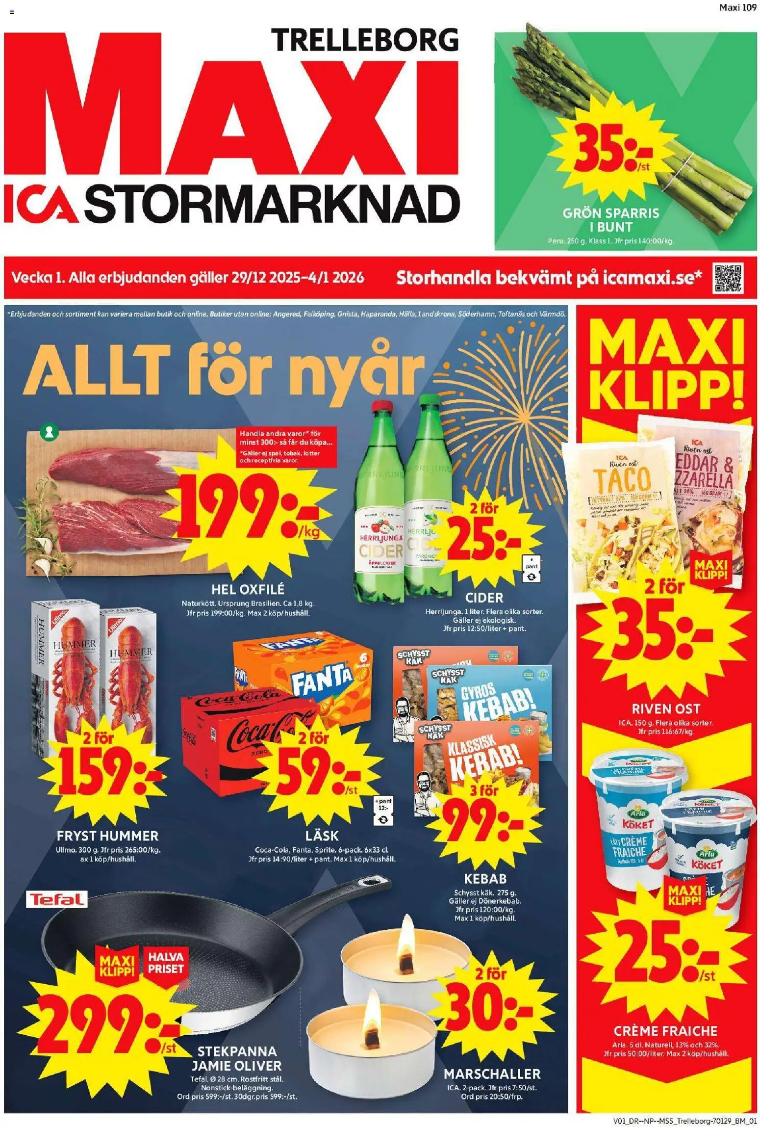 ICA Maxi reklamblad aktuell från 30.12.2025 | Sida: 1 | Produkter: Galler, Riven ost, Creme fraiche, Cider