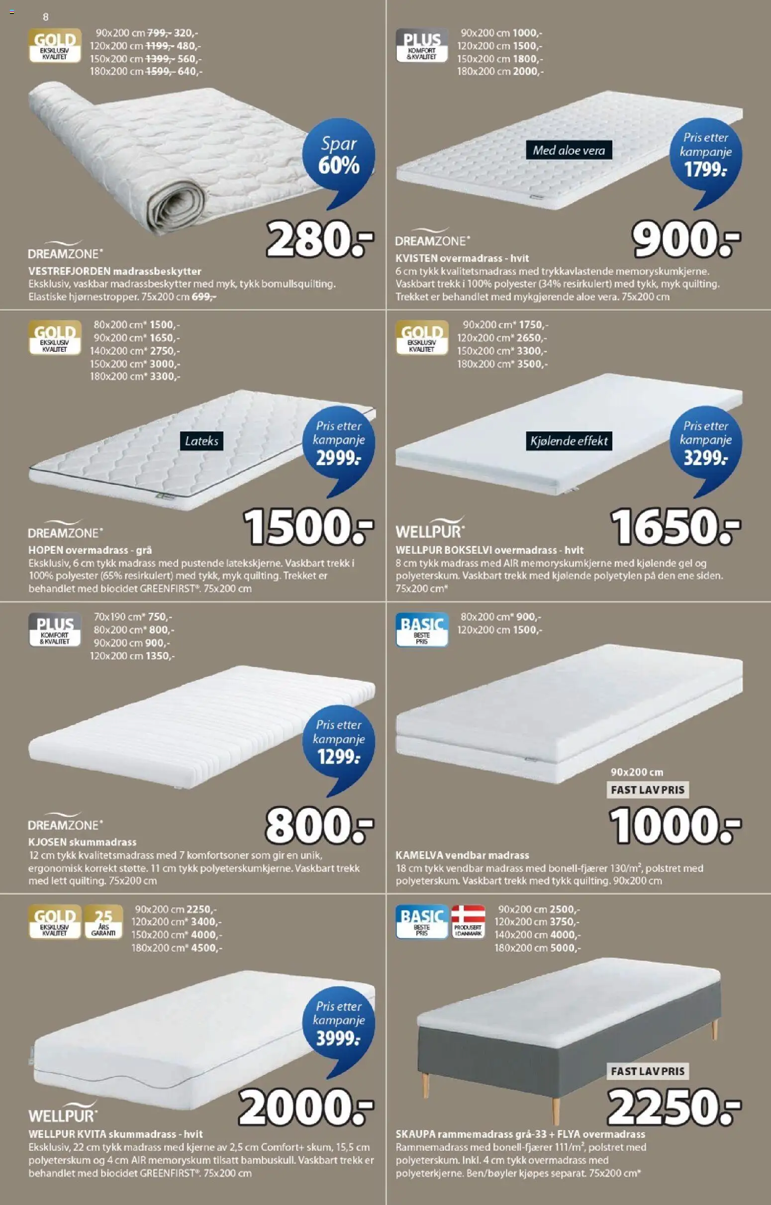 {H1} | Side: 8 | Produkter: Overmadrass, Rammemadrass, Madrass, Gâteaux secs