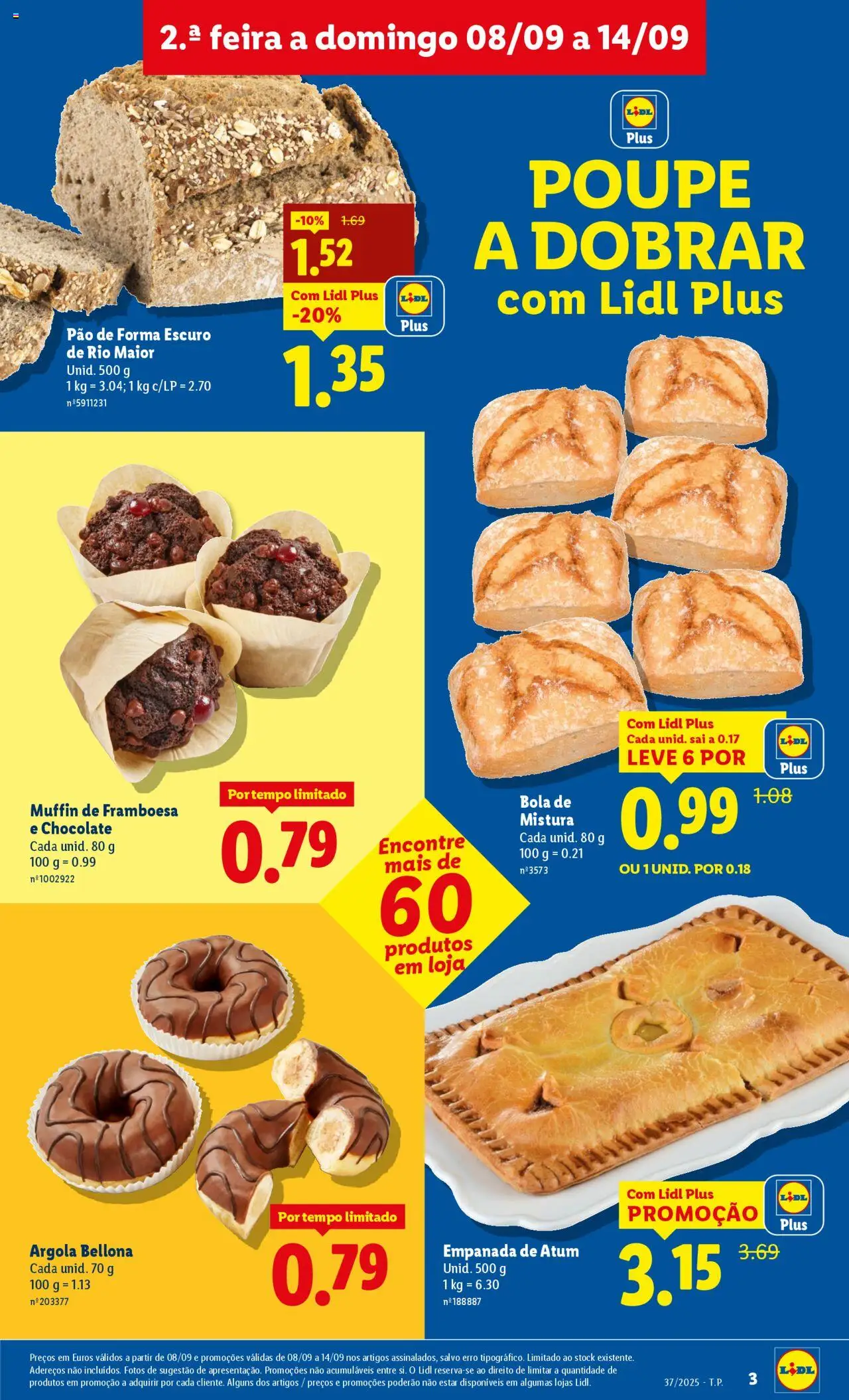 Lidl folheto │ válido de 08.09.2025 | Página: 3 | Produtos: Pão de forma, Atum, Pão, Chocolate