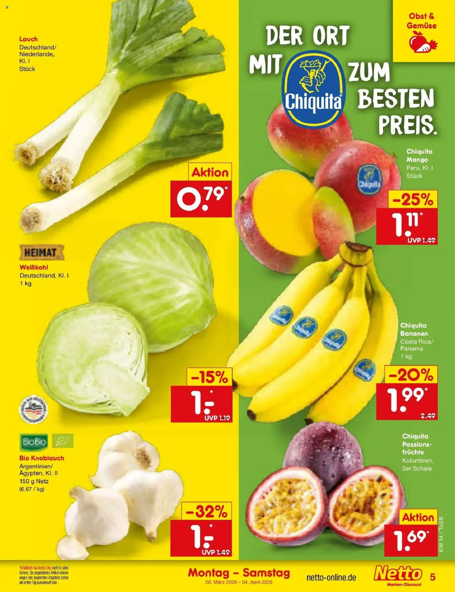 Netto Marken-Discount Prospekt Sindelfingen	 – gültig ab 30.03.2026 | Seite: 5 | Produkte: Bananen, Obst, Mango, Knoblauch