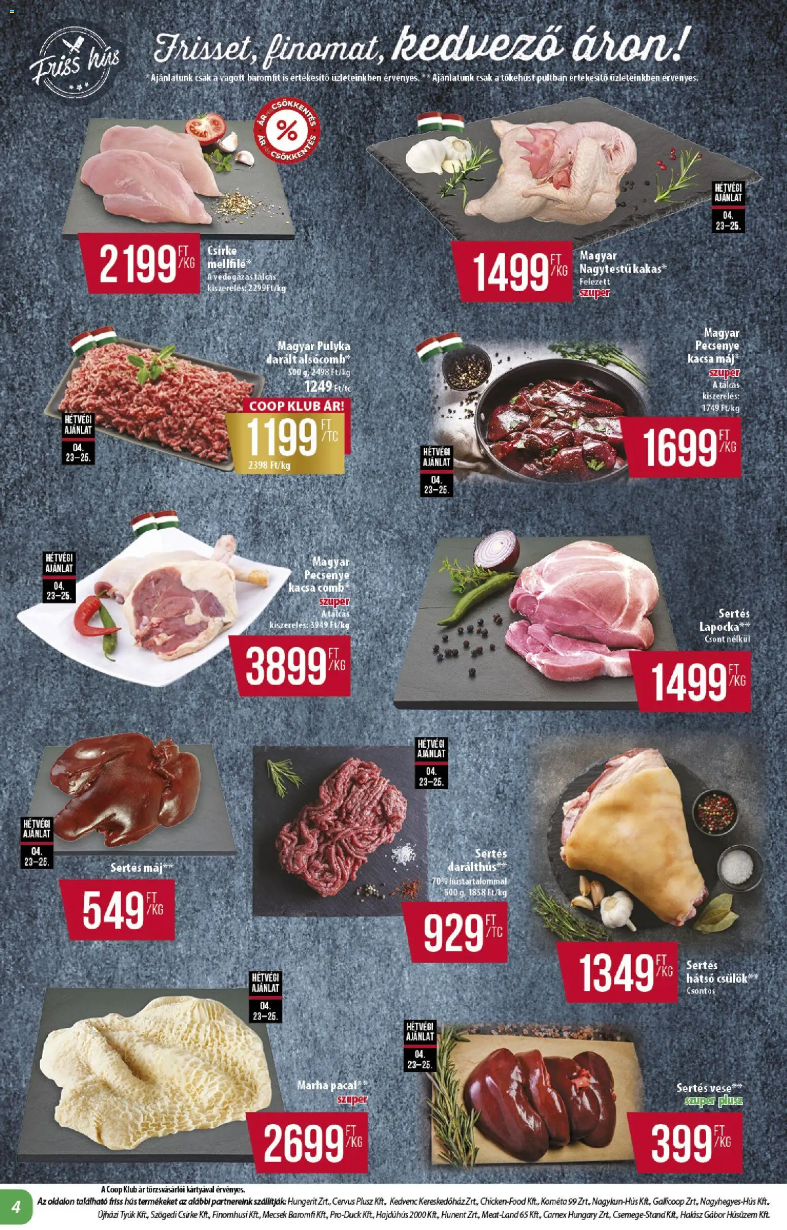 COOP akciós ujság - amely érvényes a következő dátumtól: 23.04.2026 | Oldal: 4 | Termékek: Hús, Pacal, Kacsa