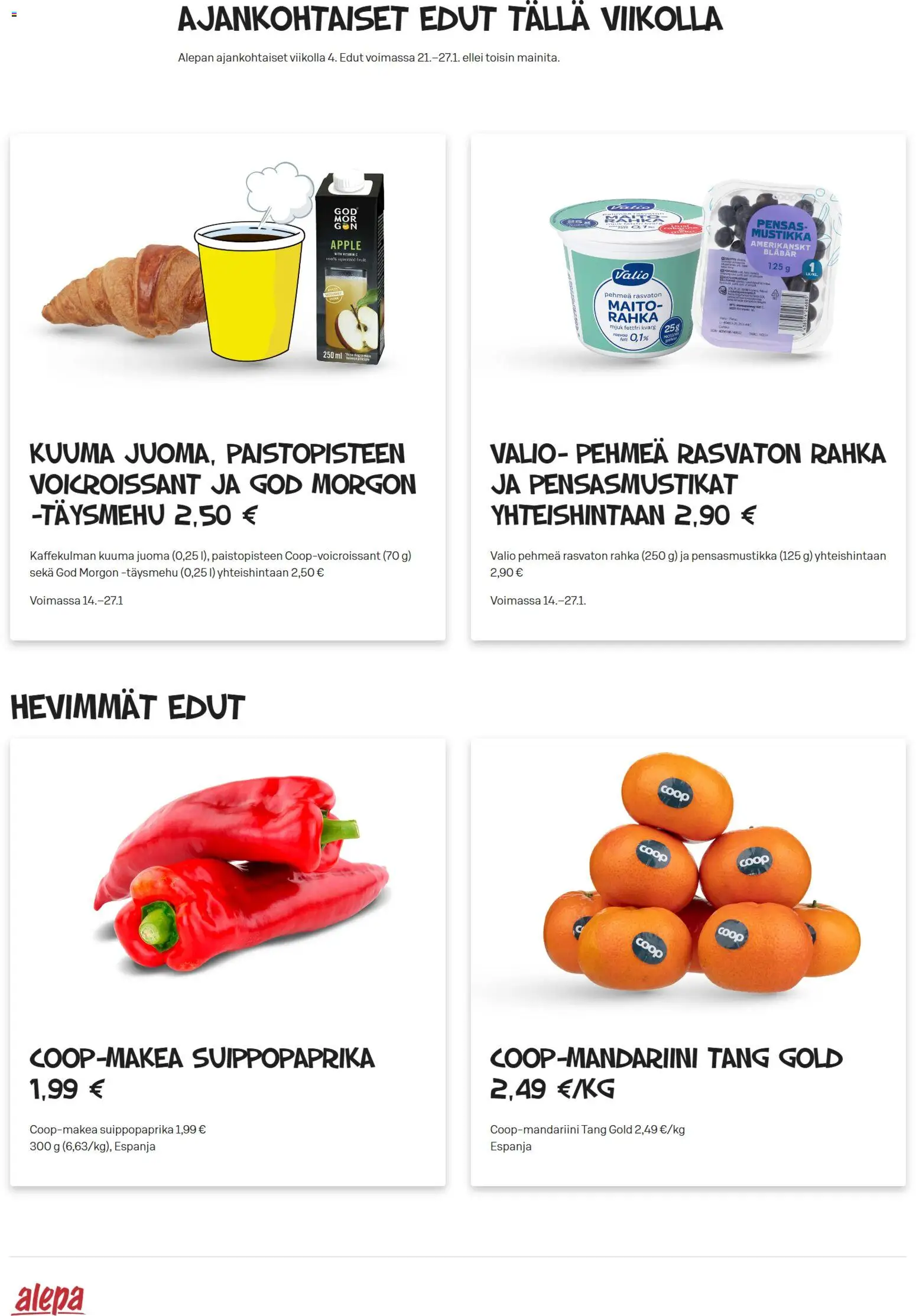 Alepa tarjoukset – voimassa 21.01.2026 alkaen | Sivu: 1 | Tuotteet: Mustikka, Maito