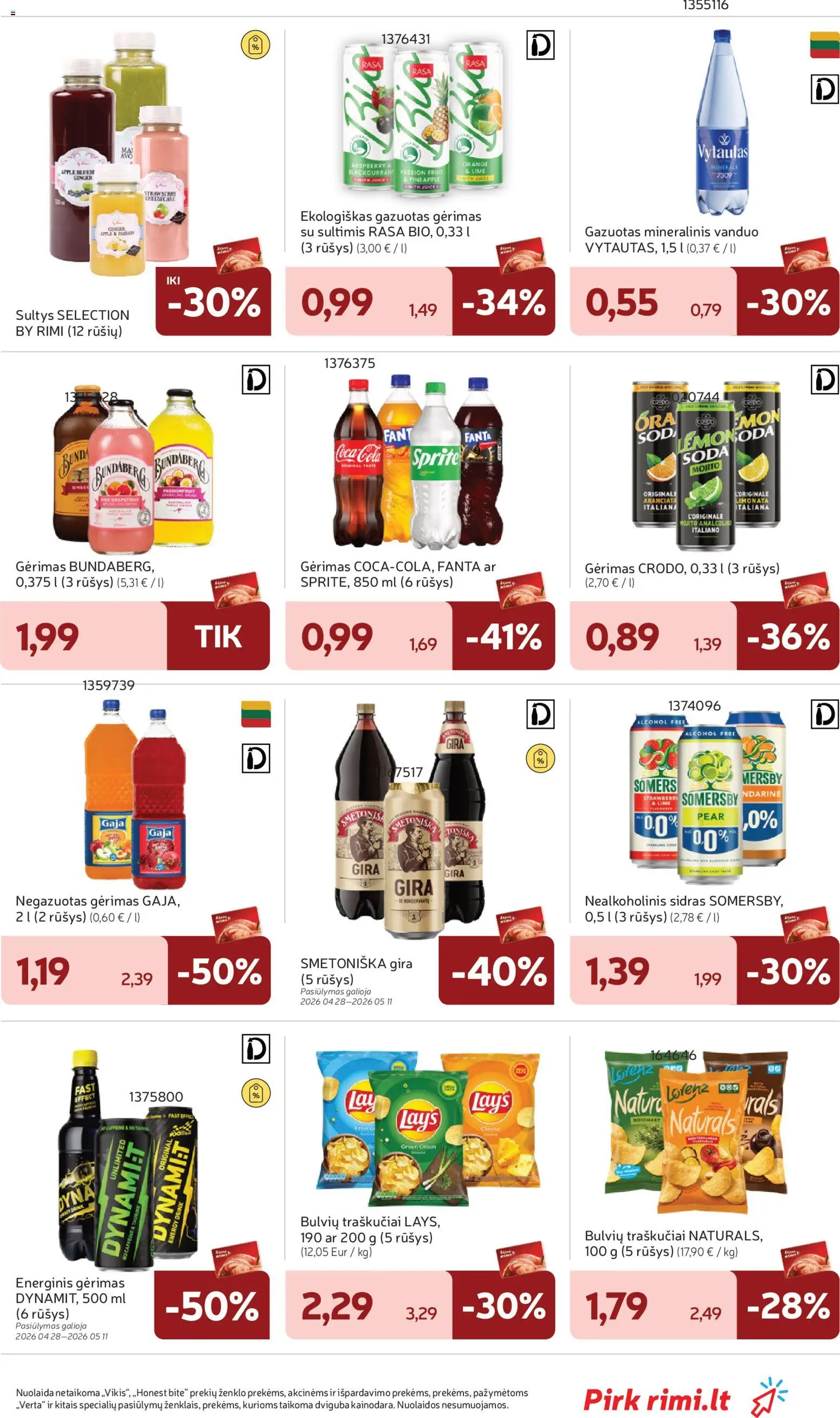 Rimi akcijos nuo 28.04.2026 | Puslapis: 31 | Prekių: Nealkoholinis sidras, Energinis gėrimas, Sultys, Mineralinis vanduo