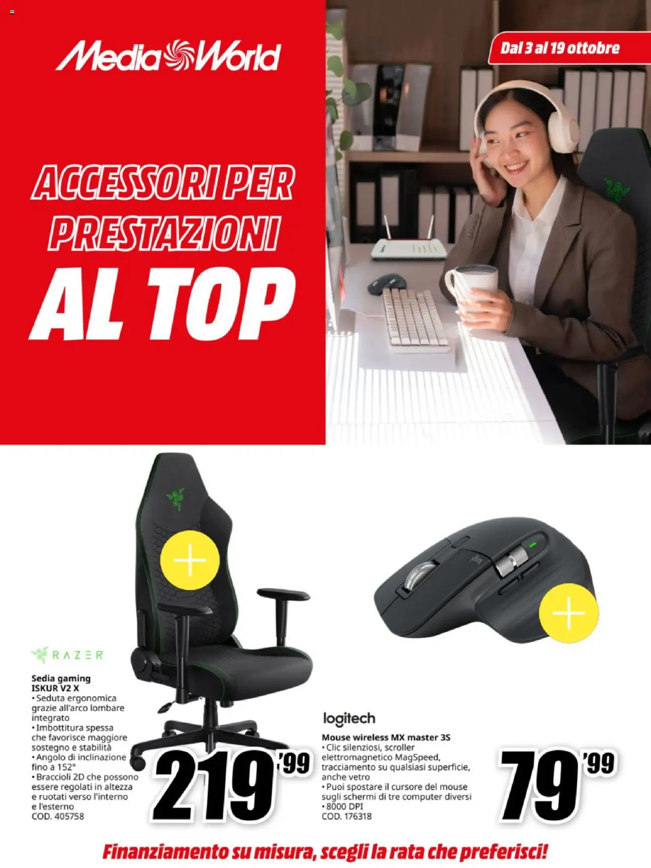 Volantino Media World del 03.10.2025 | Pagina: 1 | Prodotti: Braccioli, Computer, Mouse, Sedia