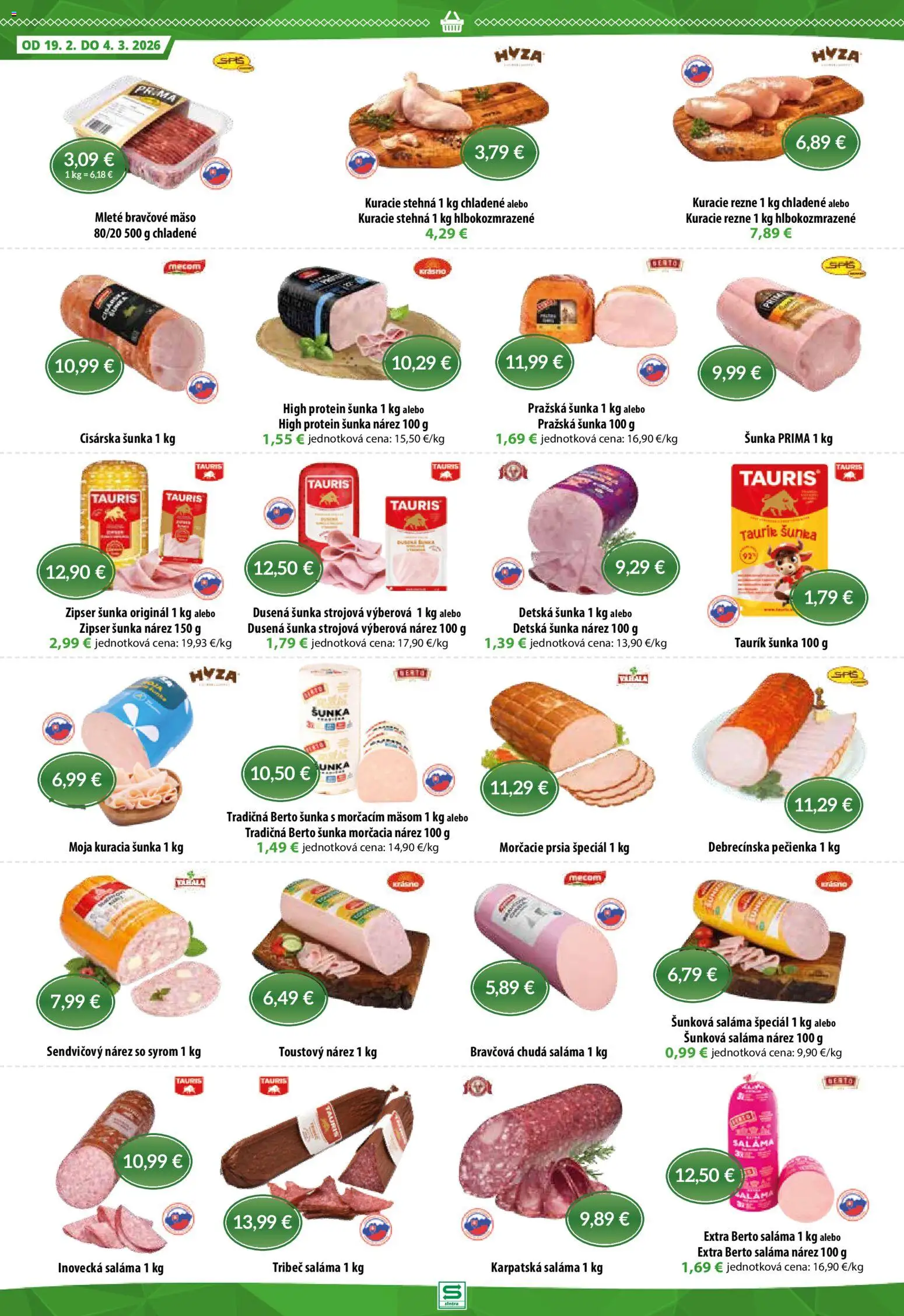 Nové Sintra akcie – leták je platný od 19.02.2026 | Strana: 2 | Produkty: Šunka, Kuracie rezne, Kuracie stehná, Bravčové mäso