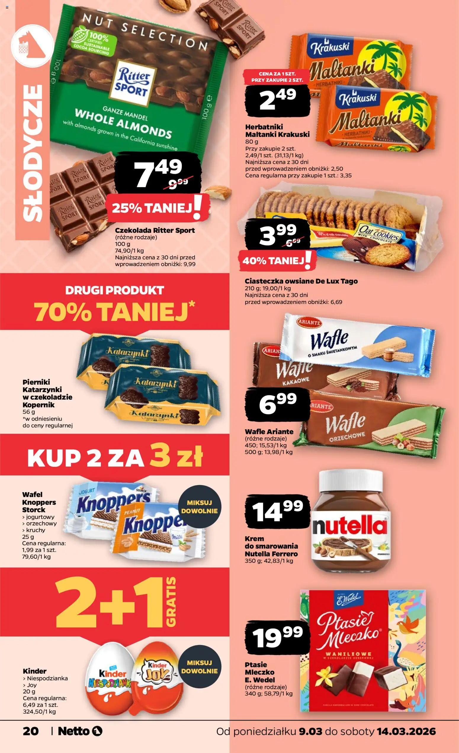 Netto gazetka od poniedziałku spożywcza od 09.03.2026 | Strona: 20 | Produkty: Knoppers, Słodycze, Wafle, Ciasteczka owsiane
