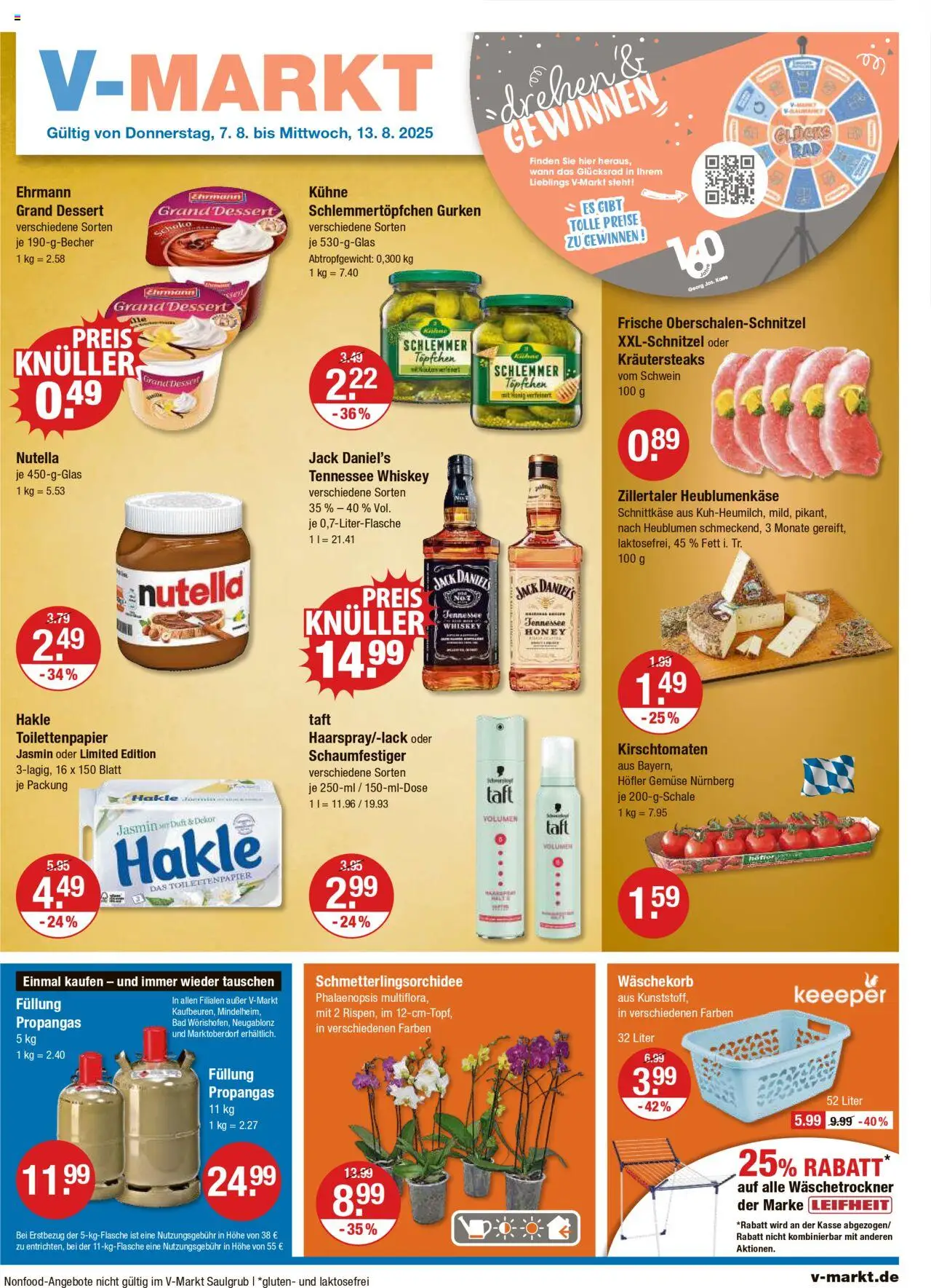 V-Markt - Oberbayern - gültig ab dem 07.08.2025 | Seite: 1 | Produkte: Jack Daniel's, Nutella, Gemüse, Toilettenpapier