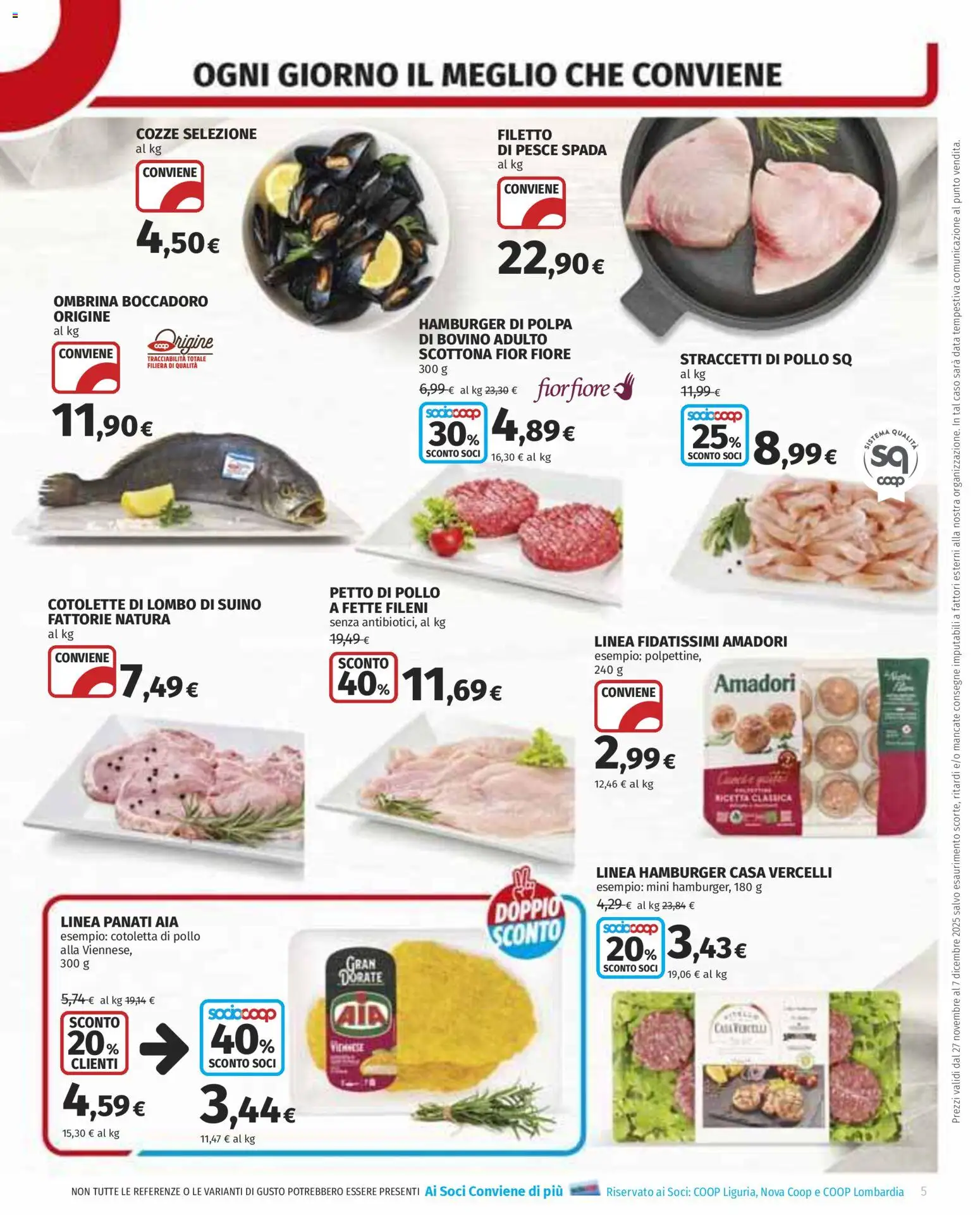 Volantino COOP del 27.11.2025 | Pagina: 5 | Prodotti: Petto di Pollo, Cozze, Pesce spada, Hamburger