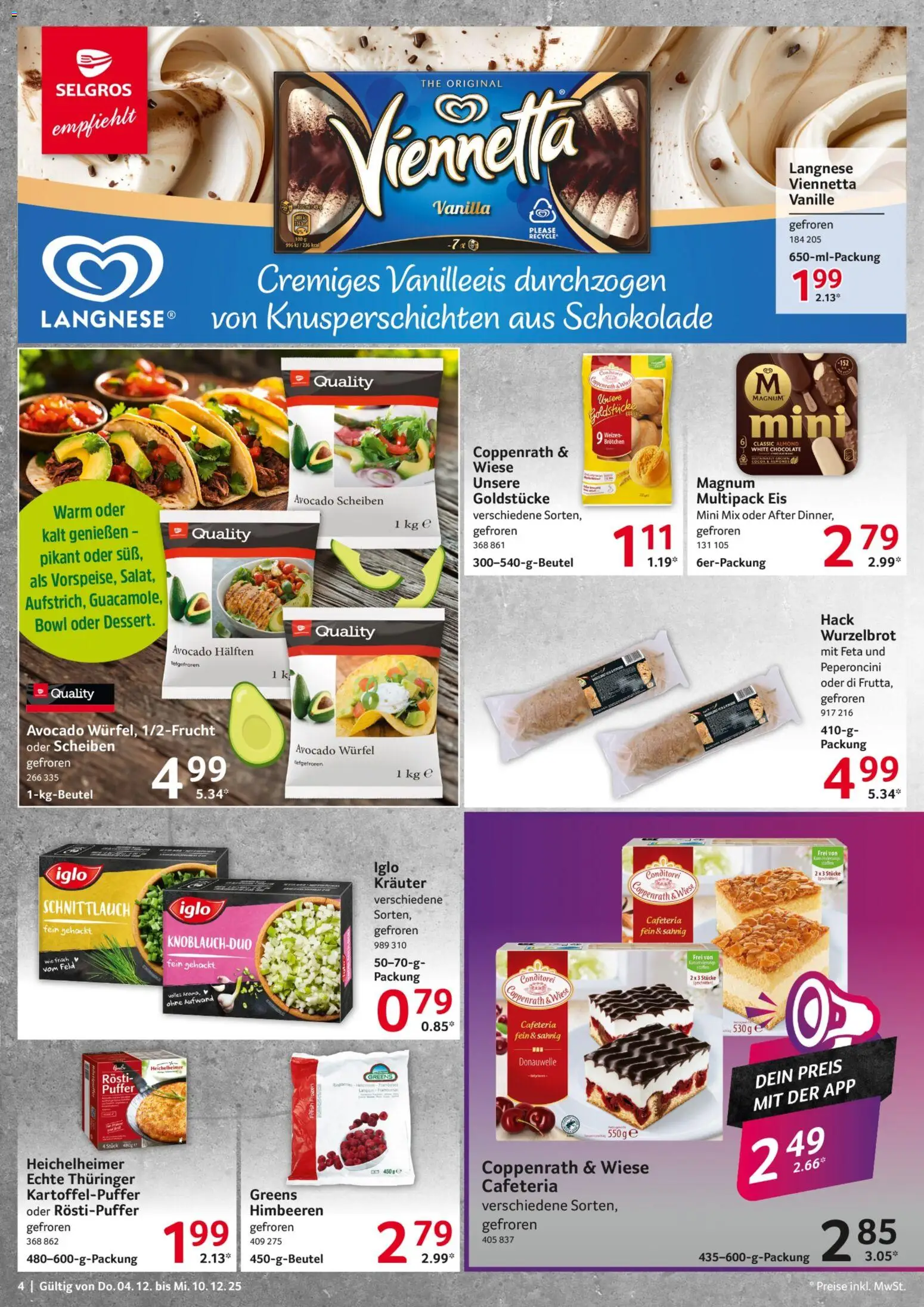 Selgros Prospekt 	 – gültig ab 04.12.2025 | Seite: 4 | Produkte: Langnese, Schokolade, Iglo, Avocado