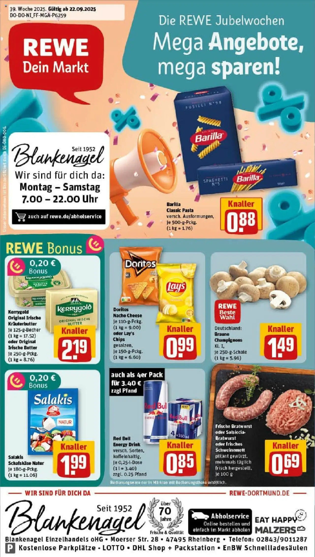 Rewe prospekt Rheinberg	 – gültig ab 21.09.2025 | Seite: 1 | Produkte: Red bull, Champignons, Salakis, Chips
