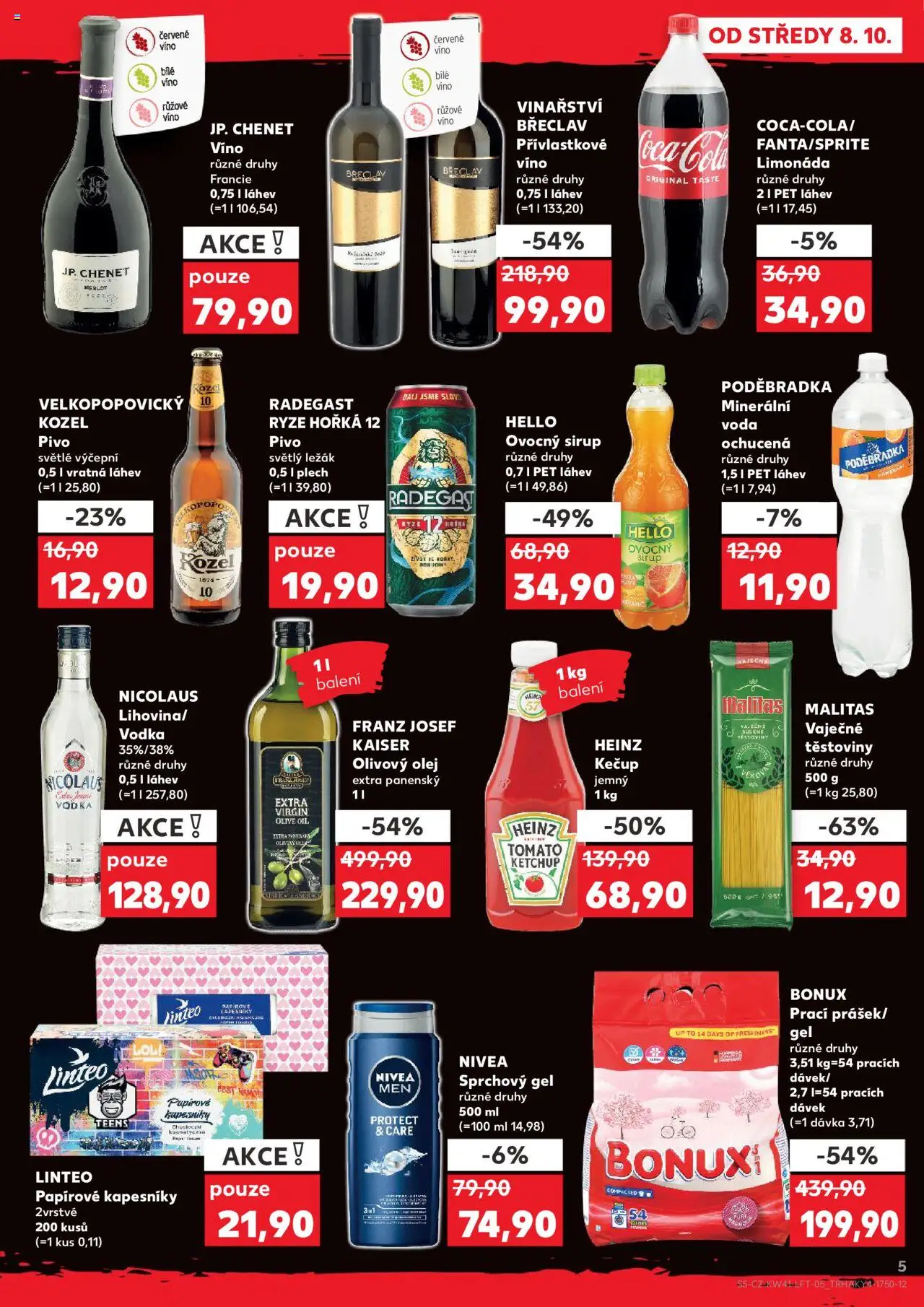 Kaufland leták - Praha 4 od 08.10.2025 | Strana: 5 | Produkty: Olej, Papírové kapesníky, Červené víno, Minerální voda