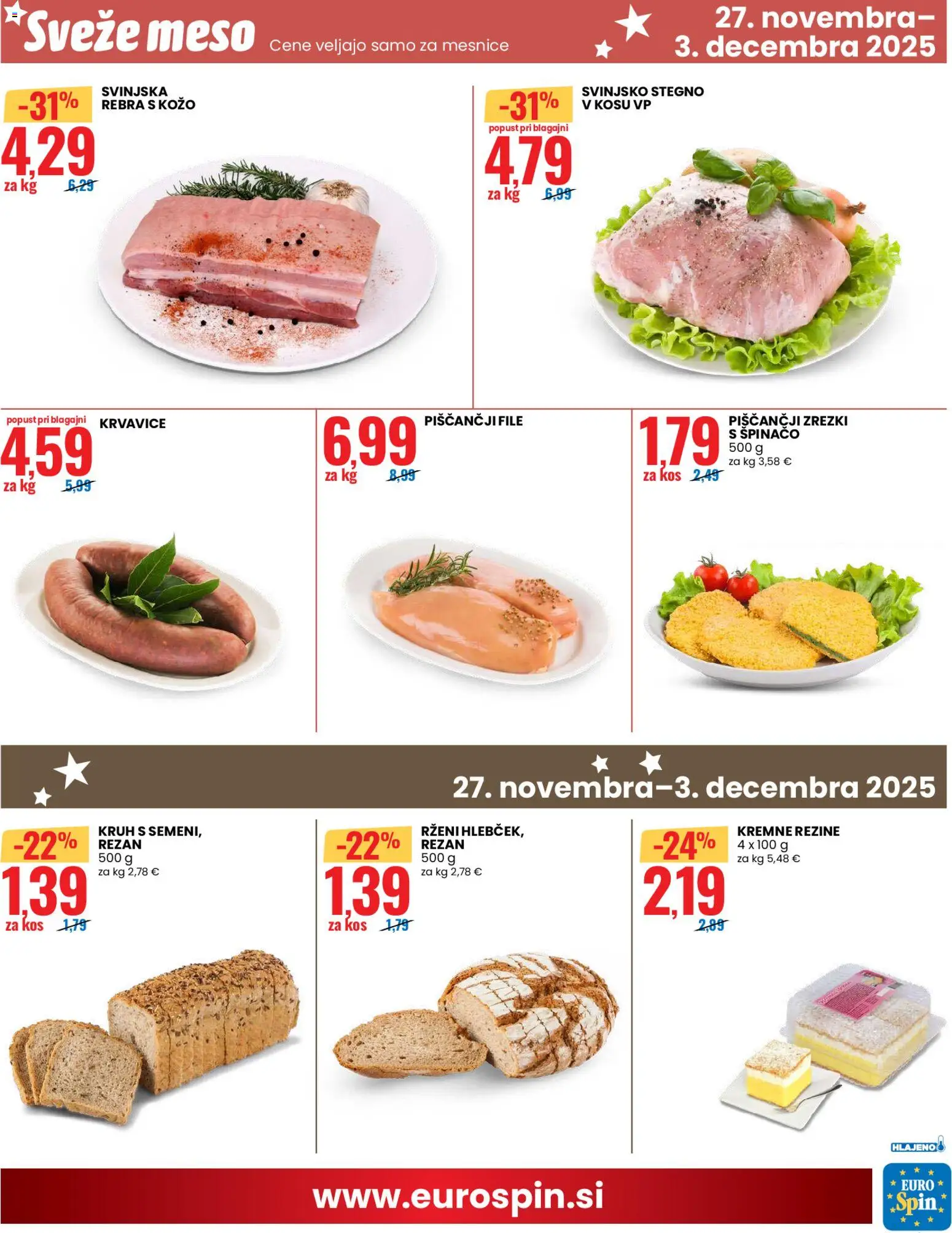 Novi Eurospin katalog ponudbe – veljaven od 27.11.2025 | Stran: 13 | Izdelki: Kos, Zrezki, Kruh