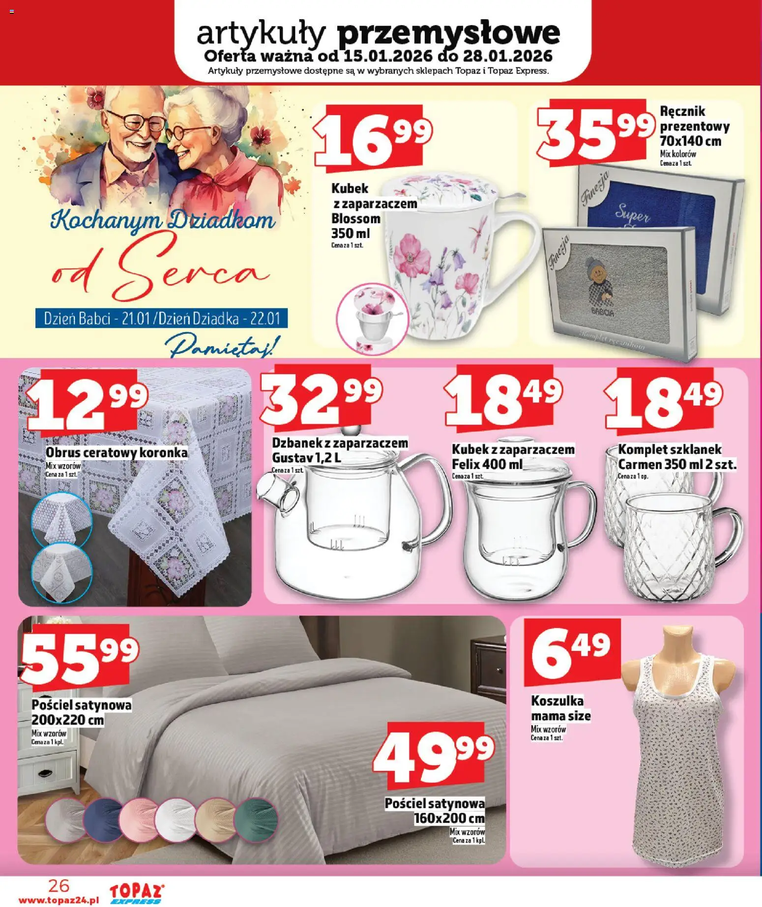 Topaz Gazetka - Express od 15.01.2026 | Strona: 26 | Produkty: Pościel, Dzbanek, Pościel satynowa, Artykuły przemysłowe